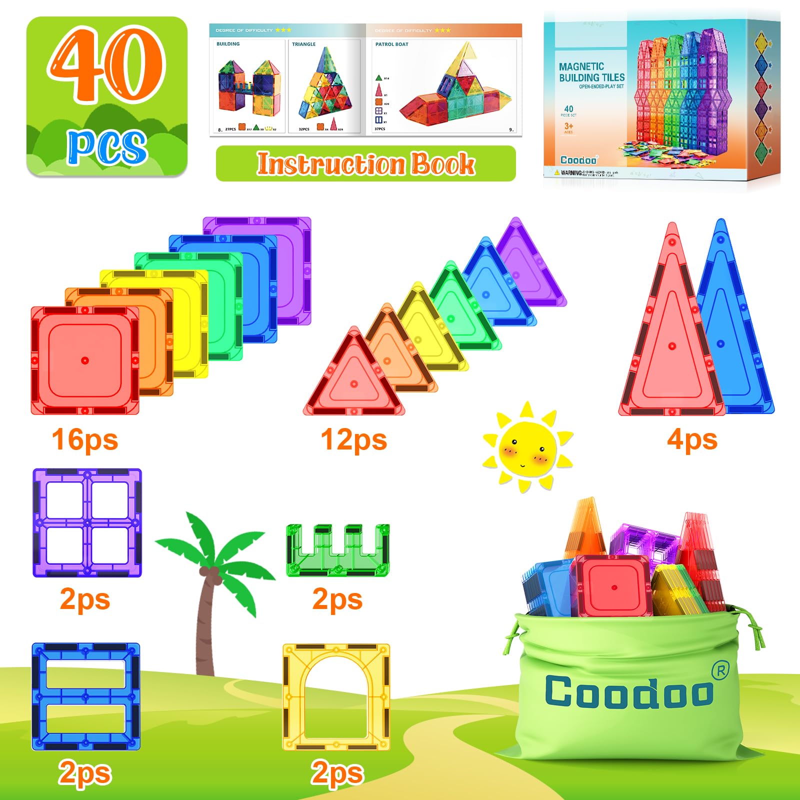 Coodoo Magnetic Tiles Kids Toys STEM Magnet Toy for Toddler Magnetic Blocks Building Preschool Learning Sensory Montessori Toys for 3+ Year Old Boys and Girls, Safe Creativity Toddler Kids Toy 40PCS