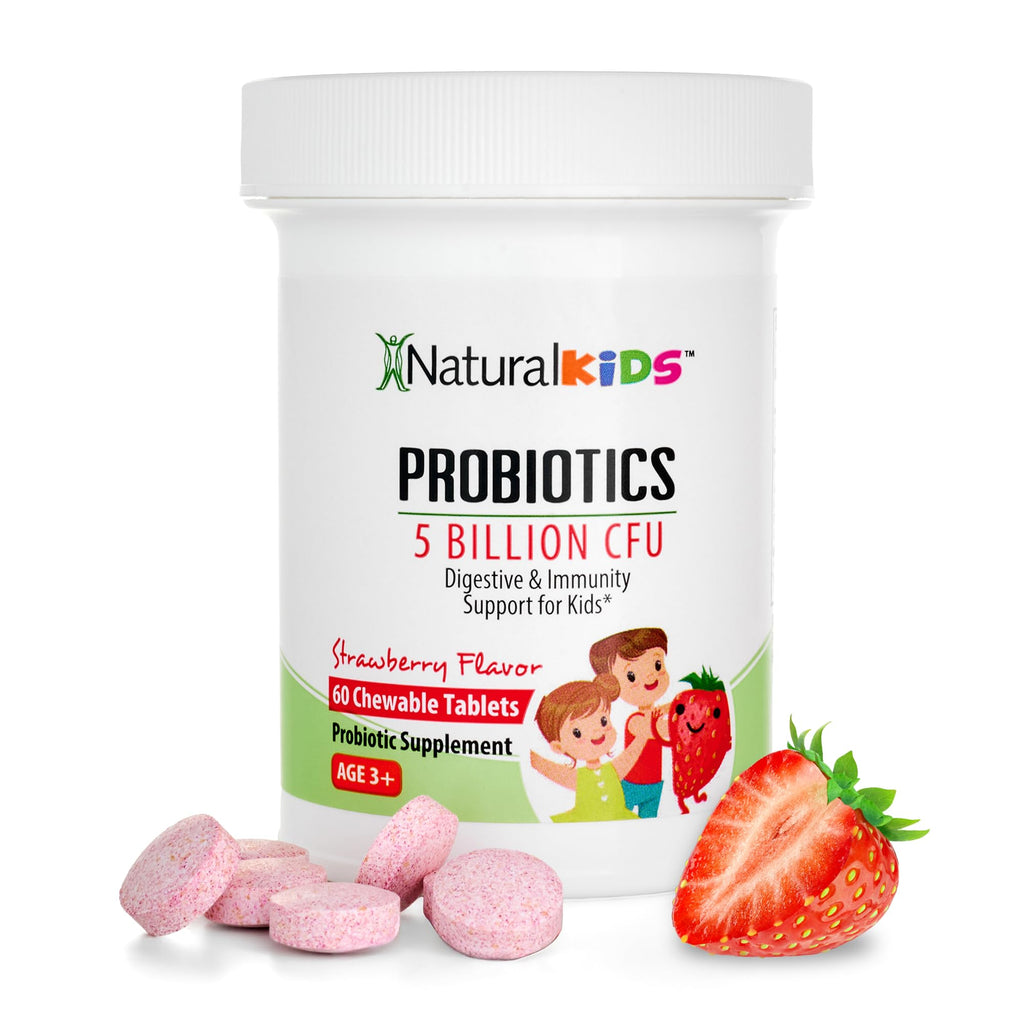 NaturalKids Probiotics for Kids Digestive Health, Immune Support & Kids Gut Health Supplements with 5 Billion CFU for Children Age 3 Up - Strawberry Flavor 60 Chewable Probiotic Tablets