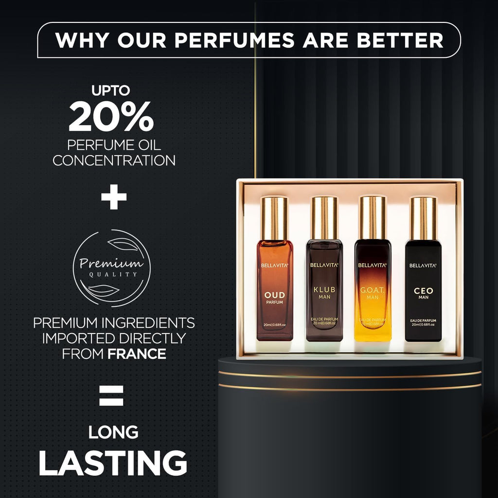 Bella Vita Organic Man Luxury Perfume Gift Set 4x20 ML for Men with Dominus, Oud, CEO, Impact Perfume|Woody, Citrusy Long Lasting EDP & EDC Fragrance Scent |80 ML