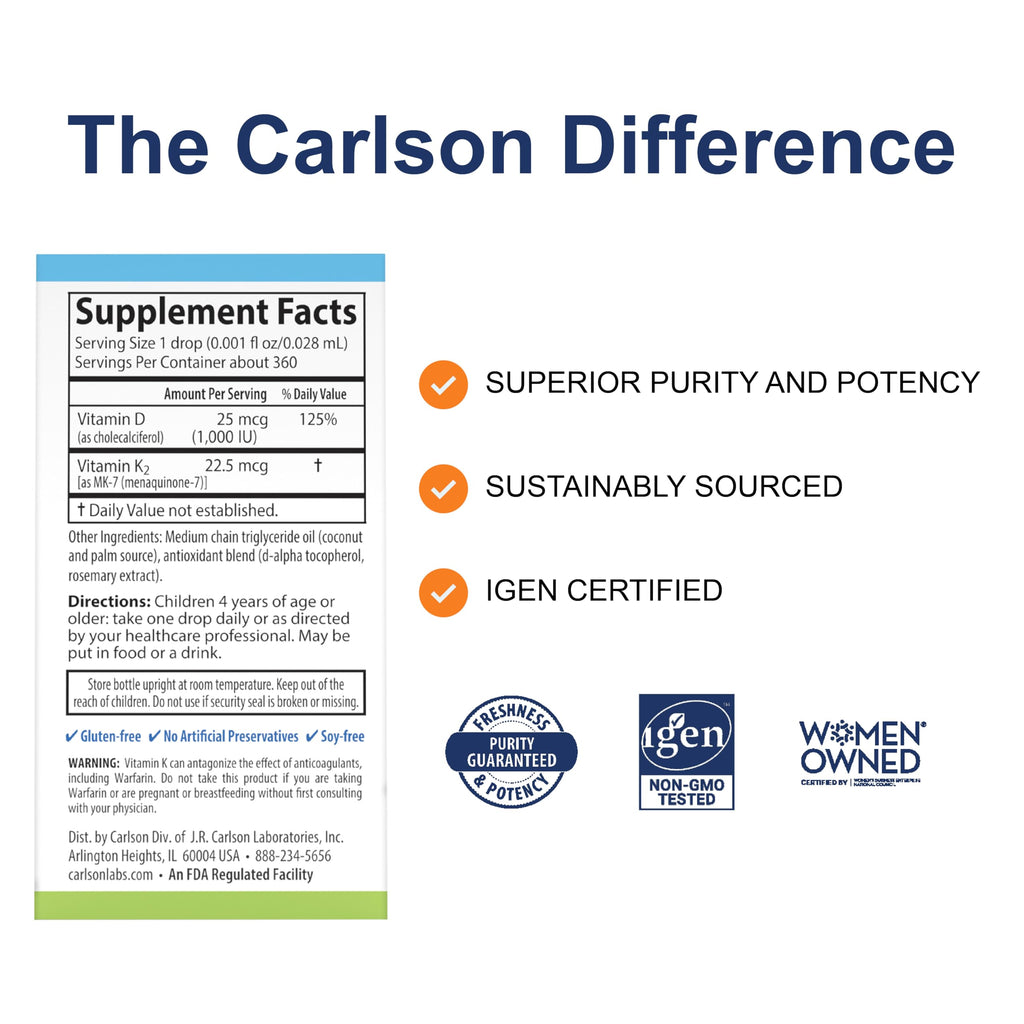 Carlson Kid's Super Daily D3 + K2, 25 mcg (1000 IU), 360 Drops (10.16 mL)