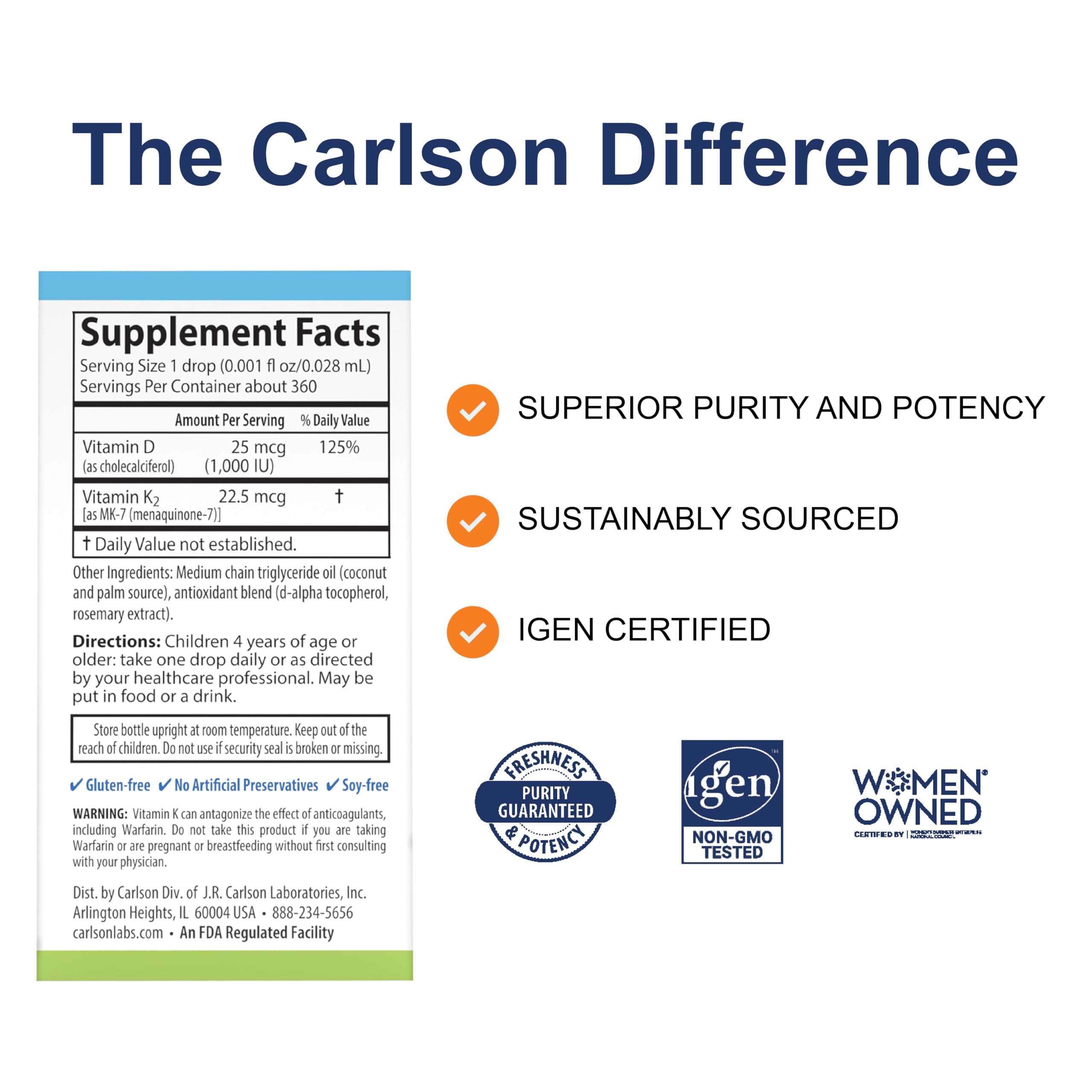 Carlson Kid's Super Daily D3 + K2, 25 mcg (1000 IU), 360 Drops (10.16 mL)
