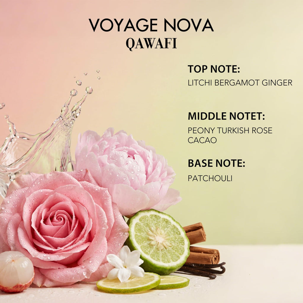 QAWAFI Voyage Nova Eau de Parfum for Women, Lychee Bergamot Ginger, Rose Peony Cocoa Blossom, Elegant Patchouli, Long Lasting Spring Fall Perfume, 50ml &1.7fl oz