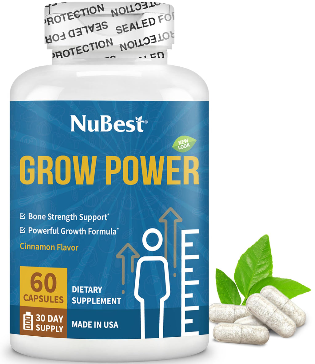NuBest Grow Power - Calcium Supplement, Magnesium Supplement with Vitamin D3, B6, Zinc, Phosphorus and Multivitamin for Strong Bones, Overall Health for Age 10+ | 60 Capsules | 1 Month Supply