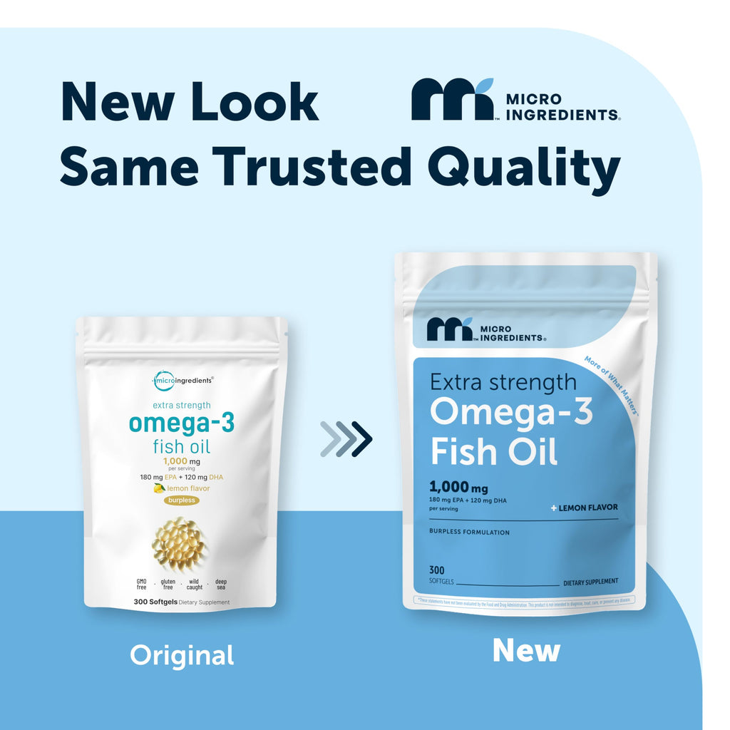 Micro Ingredients Extra Strength* Omega-3 Fish Oil Supplements 1,000mg Per Serving, 300 Softgels | Lemon Flavored | Burpless | EPA 180mg + DHA 120mg | Deep Sea Fish