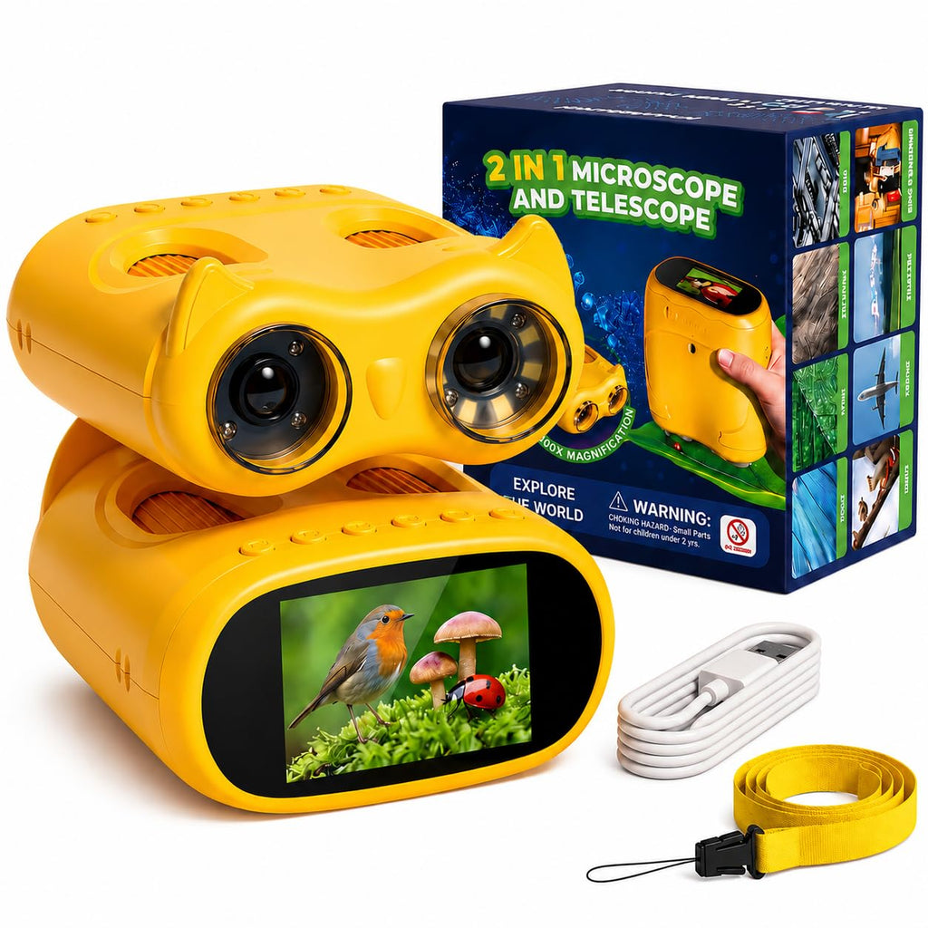 OAEBLLE 2-in-1 Kids Microscope and Telescope, 1000X Handheld Digital Microscope for Kids, 2.0" Screen, 8 LEDs, 10X Pocket Telescope for Outdoor, 1080P Camera STEM Toys Gift for Boys Girls 4-12, Yellow