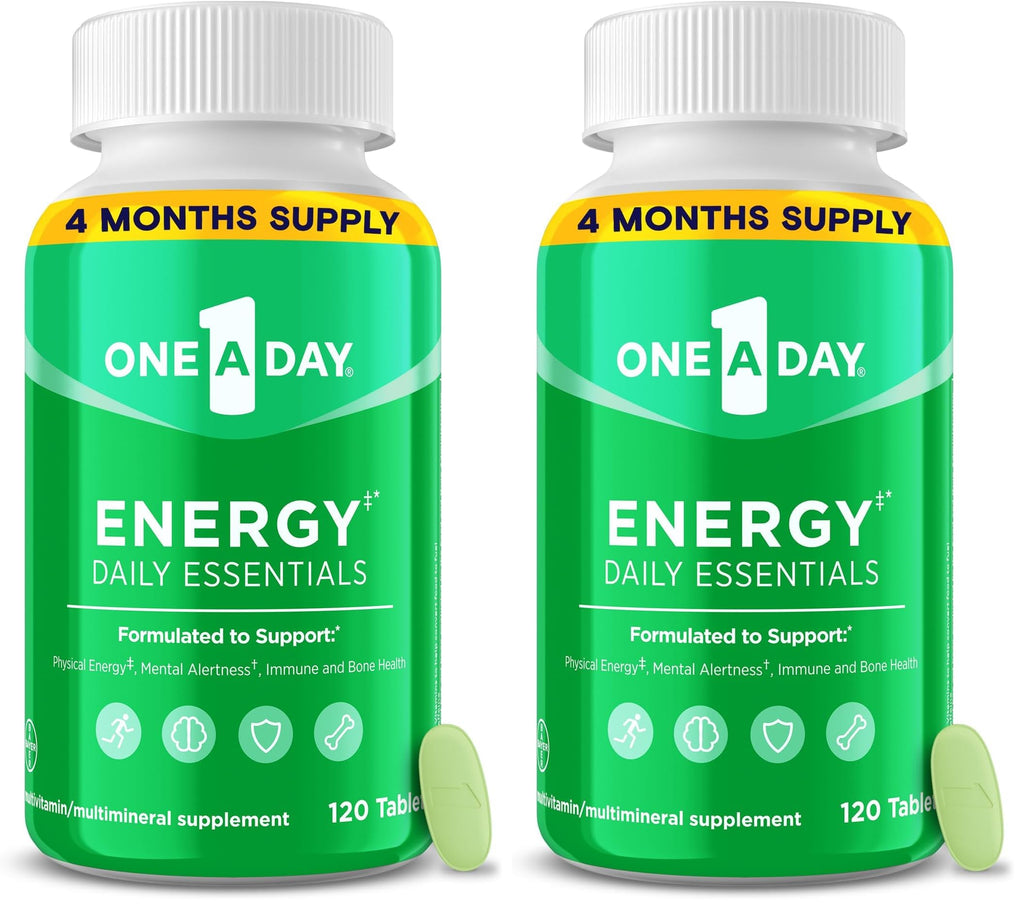 A Day Energy Daily Essentials Multivitamin, Energy Supplement to Support Mental Alertness and Immune Health with Vitamins A C, D, E, Zinc and Caffeine, 120 Count (Pack of 2)