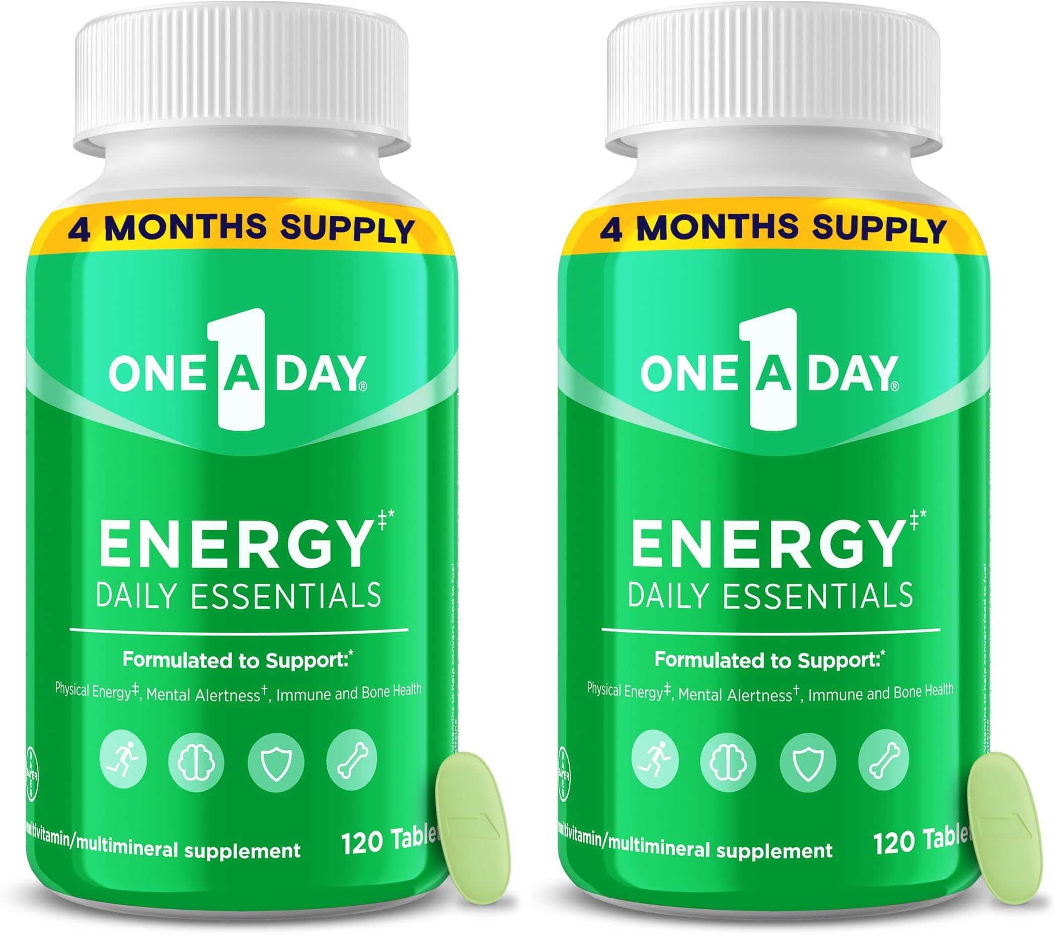 A Day Energy Daily Essentials Multivitamin, Energy Supplement to Support Mental Alertness and Immune Health with Vitamins A C, D, E, Zinc and Caffeine, 120 Count (Pack of 2)