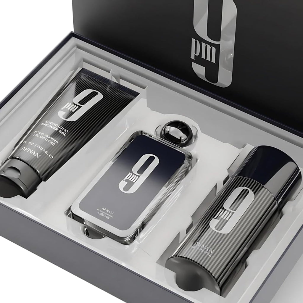 Afnan 9 PM Luxury Perfume Gift Set – Eau De Parfum (3.4 Oz), Deodorant (5.0 Oz), Shower Gel (5.0 Oz)