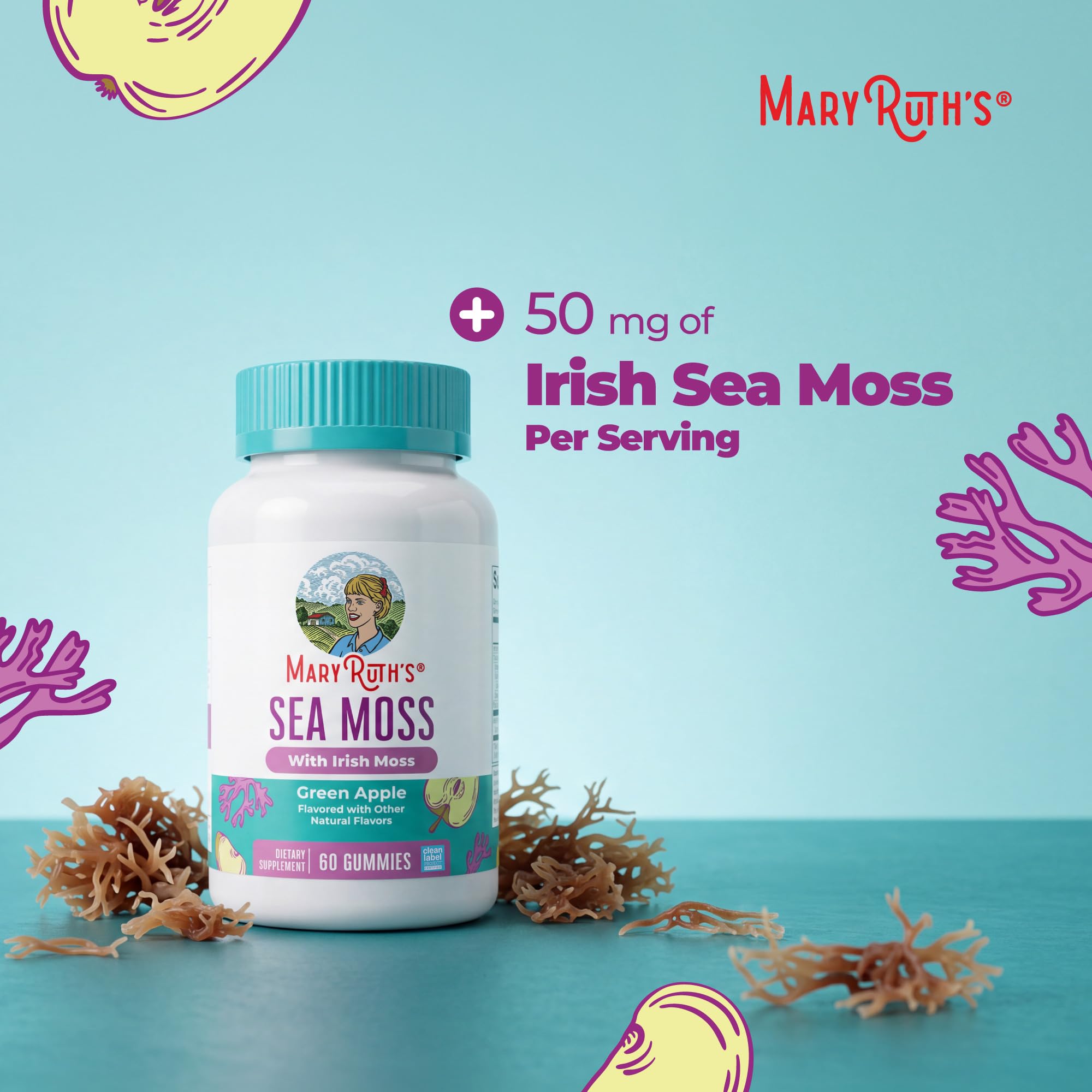 MARYRUTH'S Sea Moss Gummies, Sugar Free Made with Irish Sea Moss, 60 Count