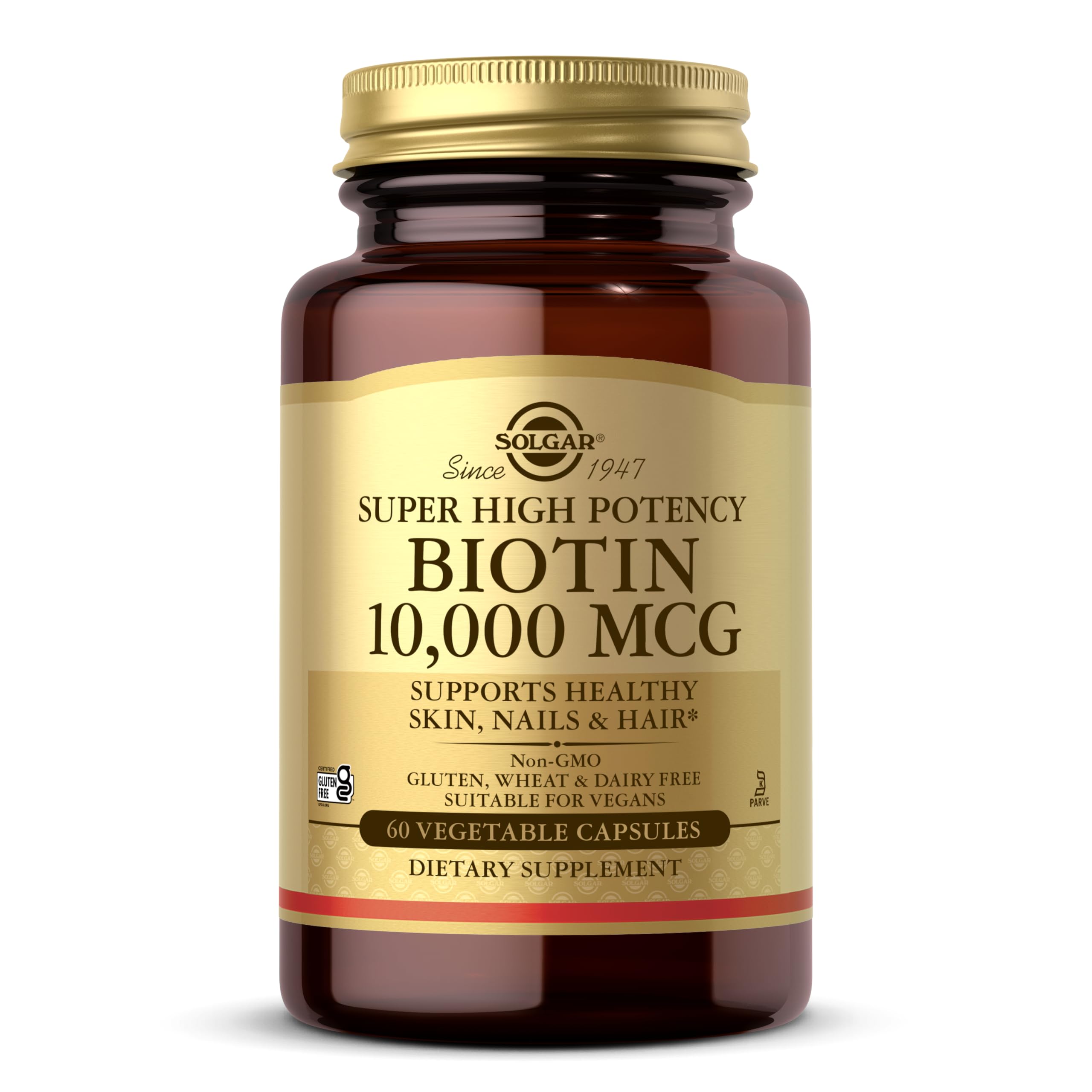 Solgar Biotin 10,000 mcg, 60 Vegetable Capsules - Energy, Metabolism, Promotes Healthy Skin, Nails & Hair - Super High Potency - Non-GMO, Vegan, Gluten Free, Dairy Free, Kosher - 60 Servings