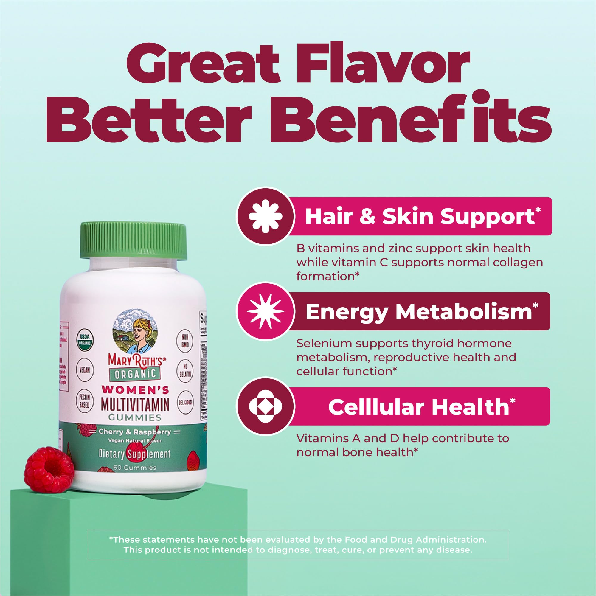 MARYRUTH'S Organic Multivitamin Gummies for Women, Hair & Skin Health, 60ct