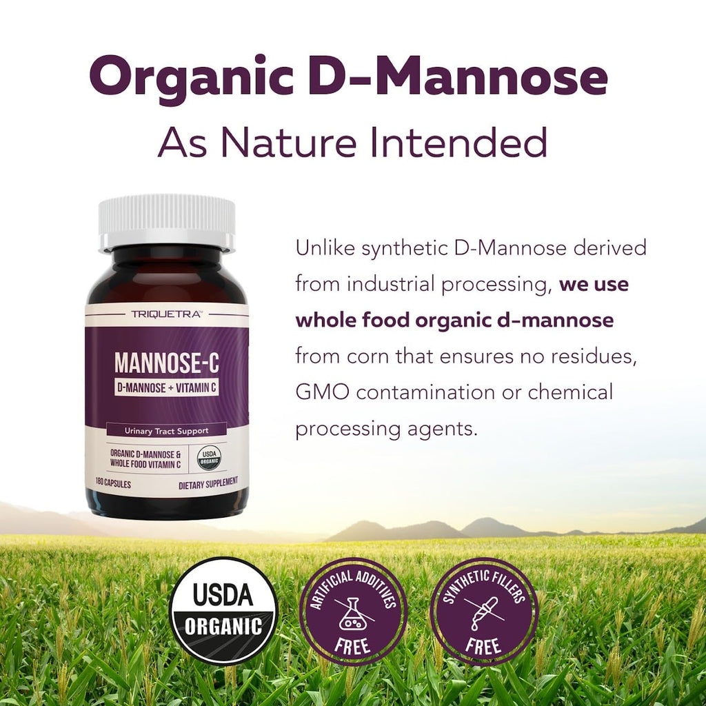 Mannose-C - Organic D-Mannose + Whole Food Vitamin C, Natural UTI Support Supplement to Flush & Cleanse Urinary Tract, Certified Organic Urinary Health for Women, Vegan, Non-GMO (180 Count)