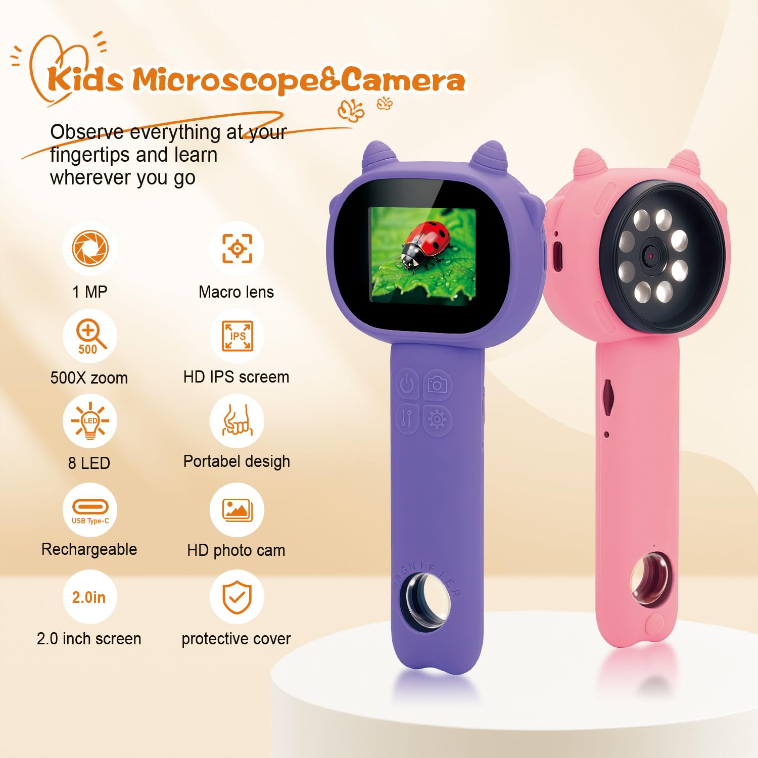 Microscope for Kids 500x Magnification,Mini Pocket Handheld Microscope with 2.0" Screen for Toddlers-STEM Educational Science Kit Toys for Boys Girls Aged 3-12 Christmas Birthday Gifts (Purple)