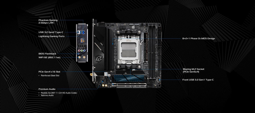 ASRock B650I Lightning WiFi AMD AM5 Mini-ITX Motherboard, Supports AMD Ryzen 9000/8000/7000 Series Processors, DDR5 7200+ (OC), PCIe 5.0 M.2, 2.5G LAN, WiFi 6E, 8+2+1 Power Phase