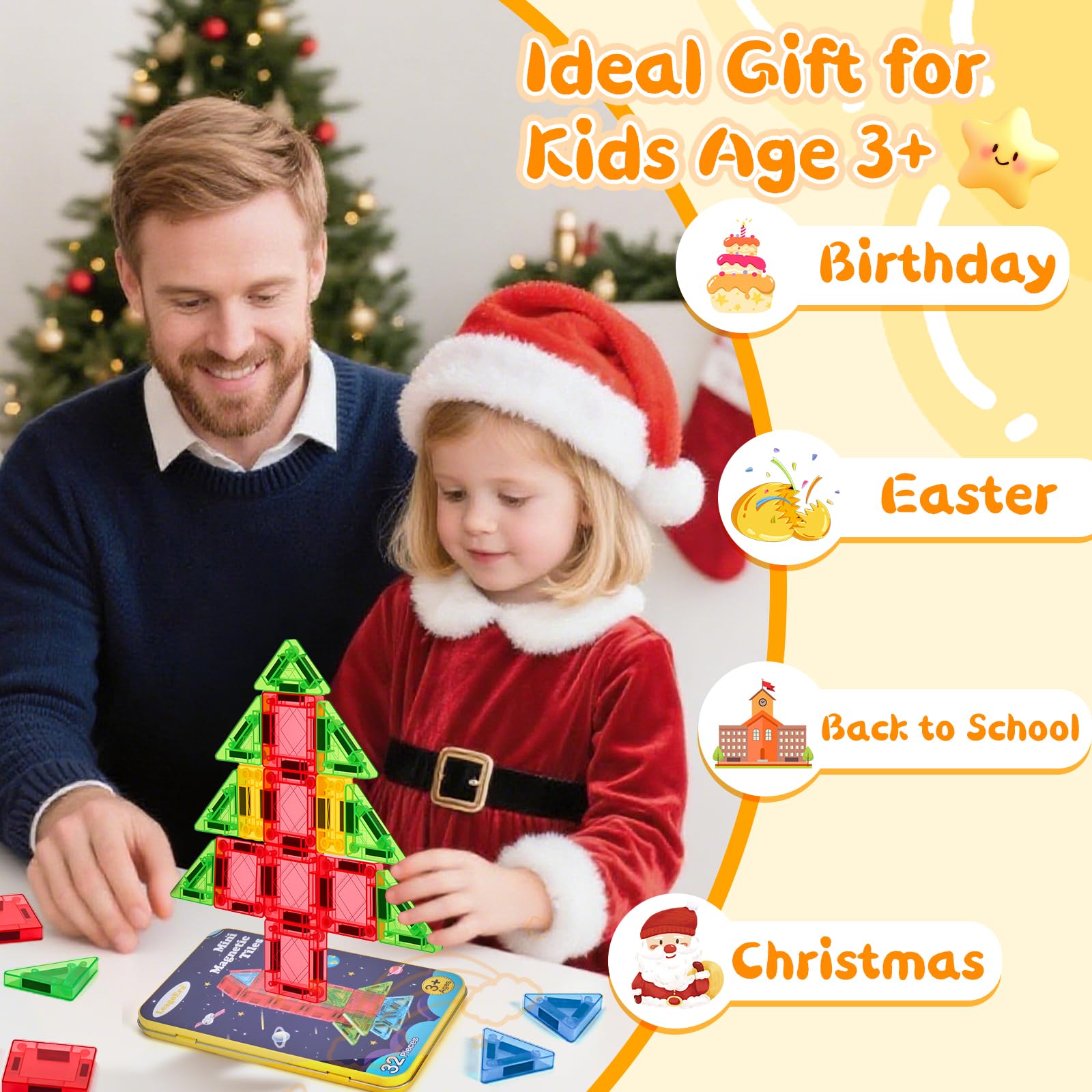 Magnetic Tiles Magnetic Blocks Building Toy: Portable Mini Magnetic Tiles Travel Set 32 Pieces Montessori Toys Birthday Gift for Kids Girls and Boys Ages 3-12 Years Old Preschool Classroom Must Haves