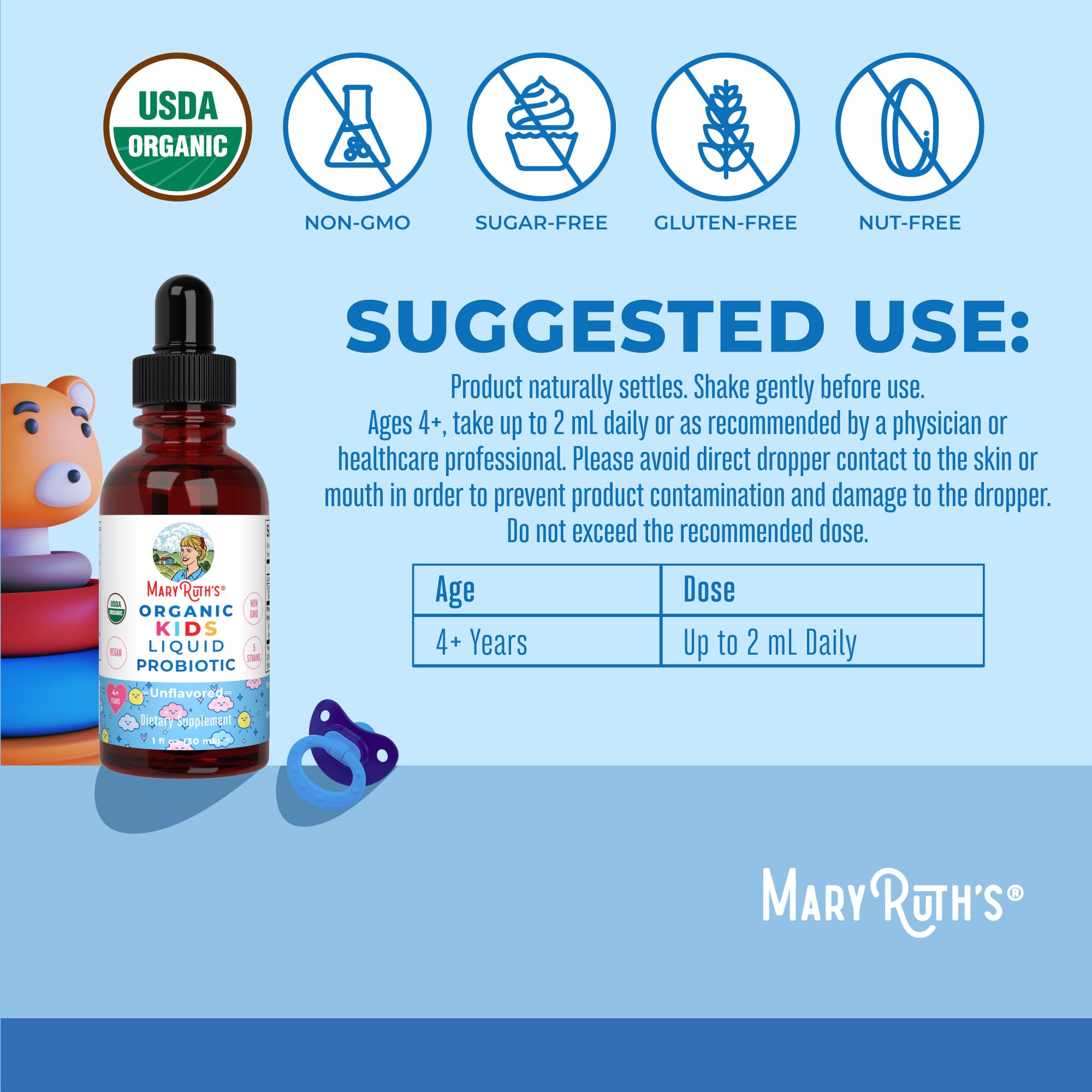 MARYRUTH'S USDA Organic Kids Liquid Probiotic, Unflavored, 1 oz