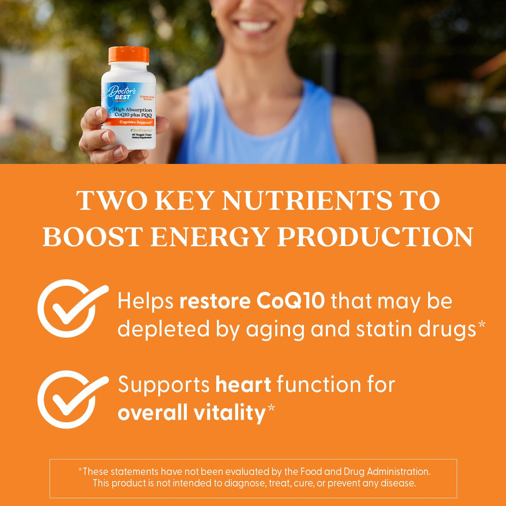 Doctor's Best High Absorption CoQ10 with PQQ Supplement - Coenzyme Q10 Caps for Heart Health & Cognitive Support, Naturally Fermented CoQ10 100mg for Women & Men, Non GMO, Vegan - 60 Veg Capsules