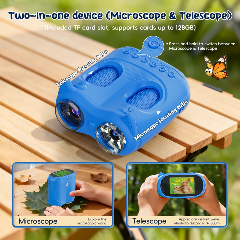 2-in-1 Kids Microscope Telescope, Temodu 2.0" 1000X Digital Microscope for Kids, HD Portable Education Telescope for Kids Birthday Festival Gift, Science Fun Toys for Children Age 4-12 (Blue)