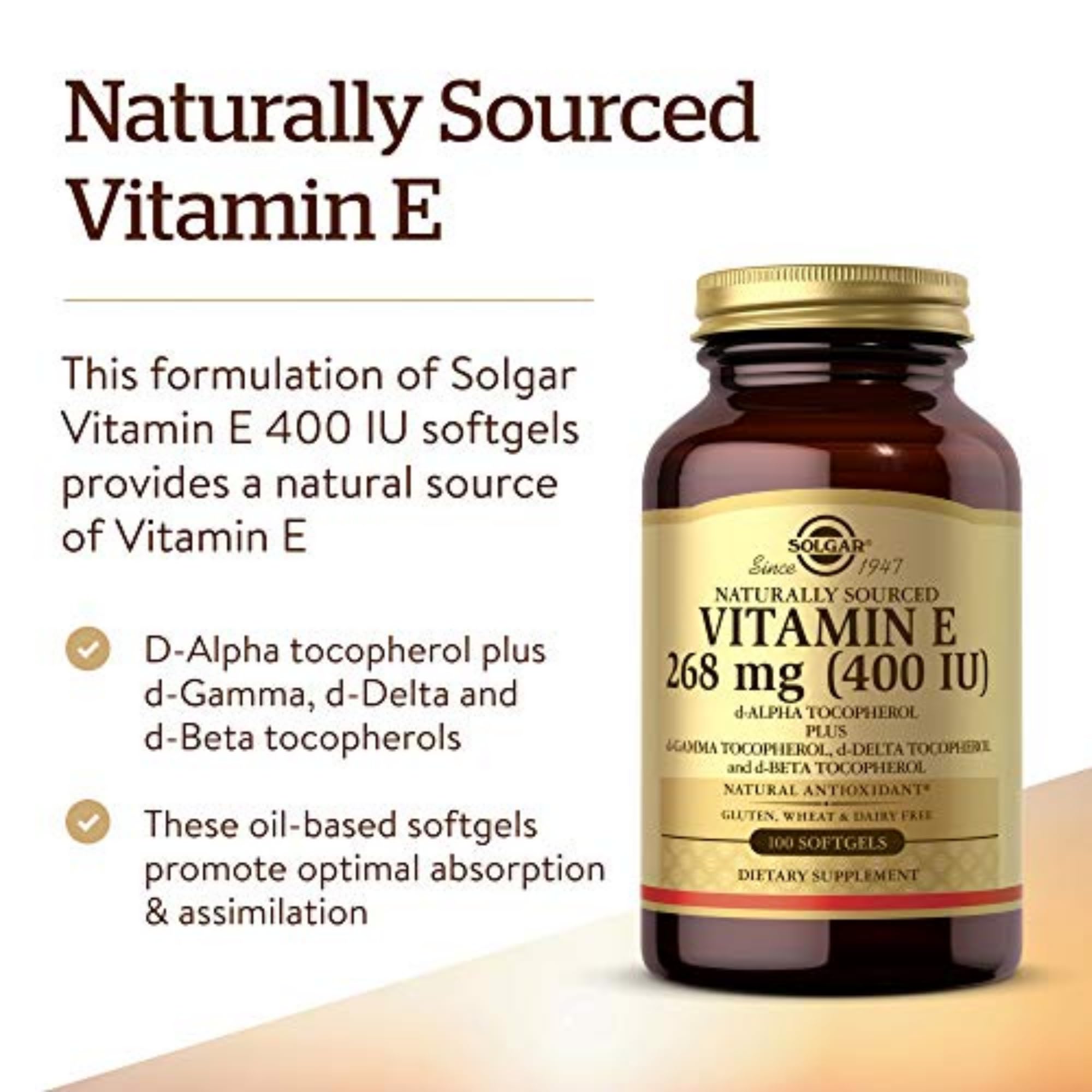 Solgar Vitamin E 268 MG (400 IU) (d-Alpha Tocopherol&Mixed Tocopherols),100 Softgels-Supports Immune System&Skin Nutrition-Natural Antioxidant-Gluten Free,Dairy Free-100 Servings,(Pack of 2)
