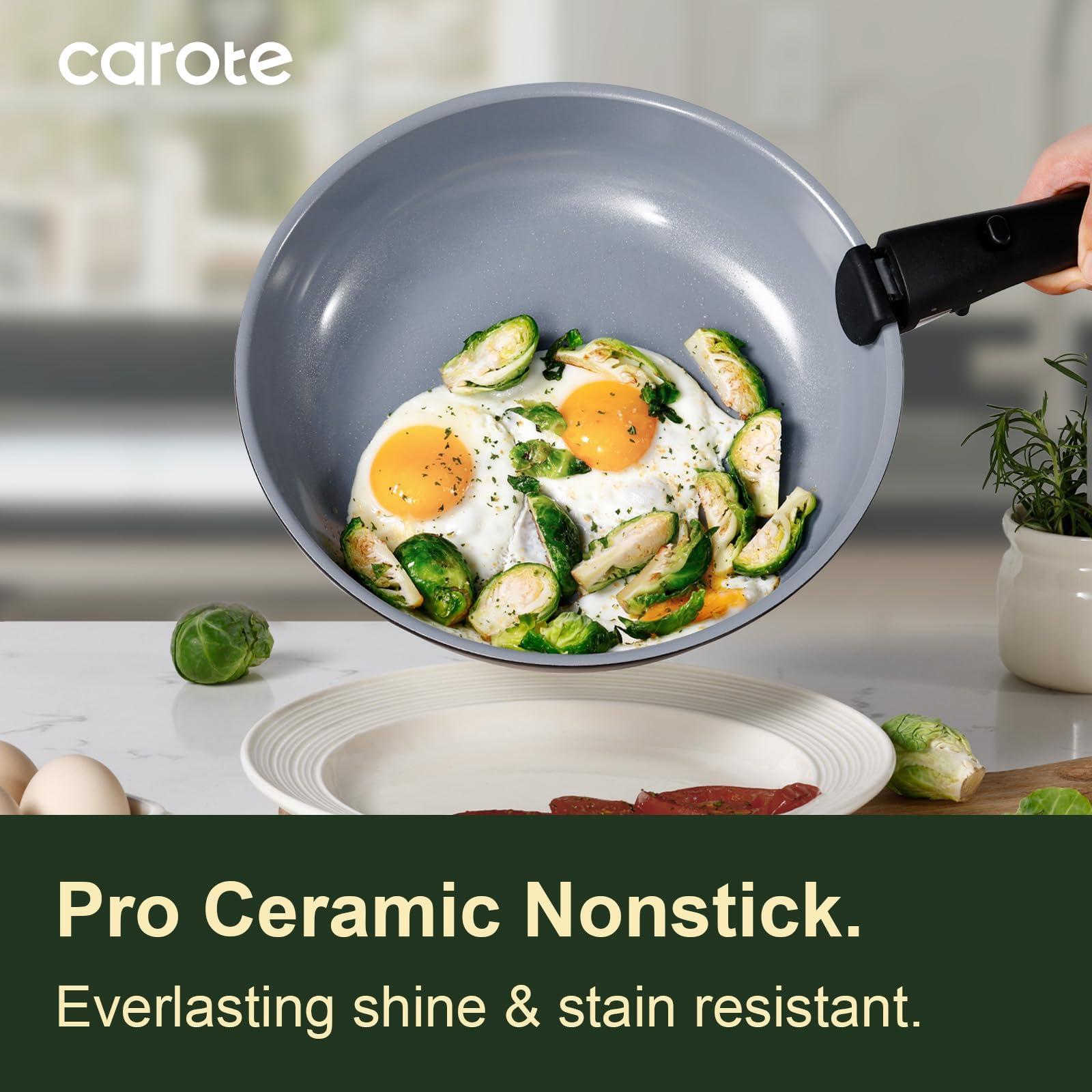 CAROTE 19pcs Ceramic Cookware Set Detachable Handle,Pots and Pans Non Stick