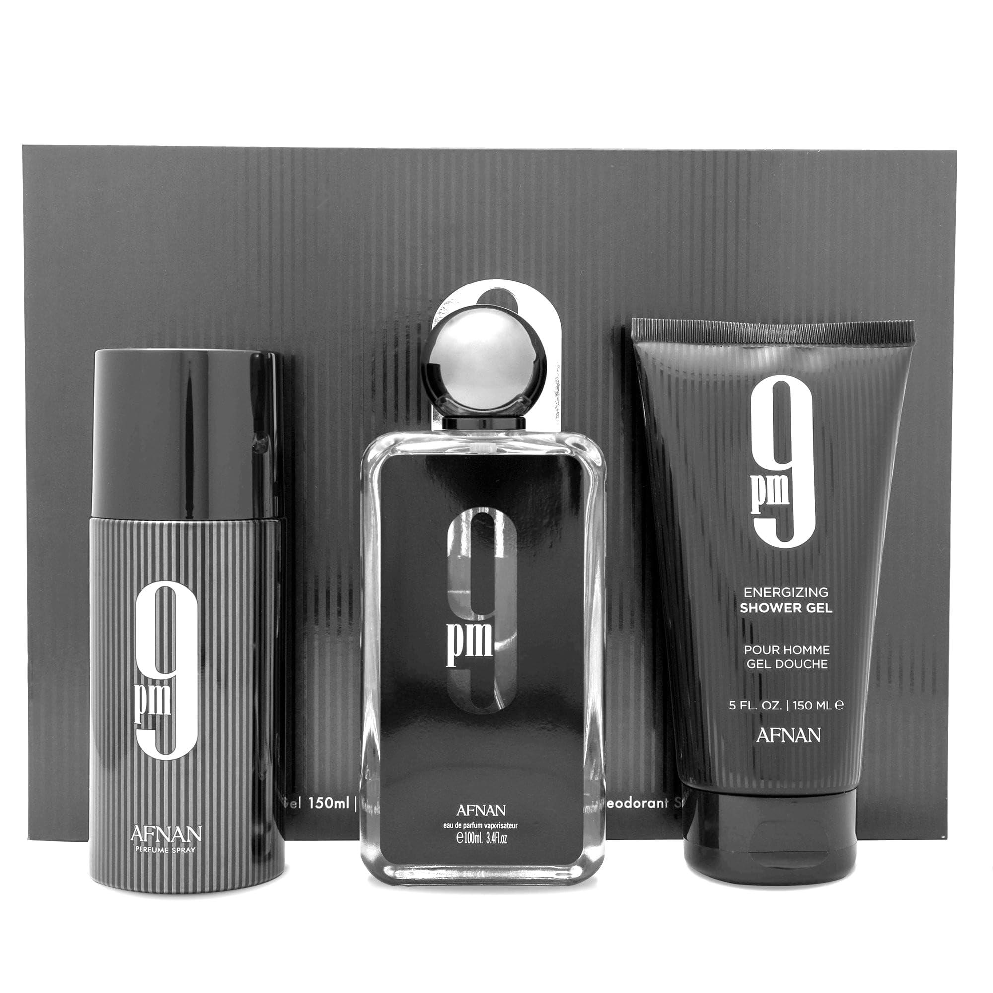 Afnan 9 PM Luxury Perfume Gift Set – Eau De Parfum (3.4 Oz), Deodorant (5.0 Oz), Shower Gel (5.0 Oz)