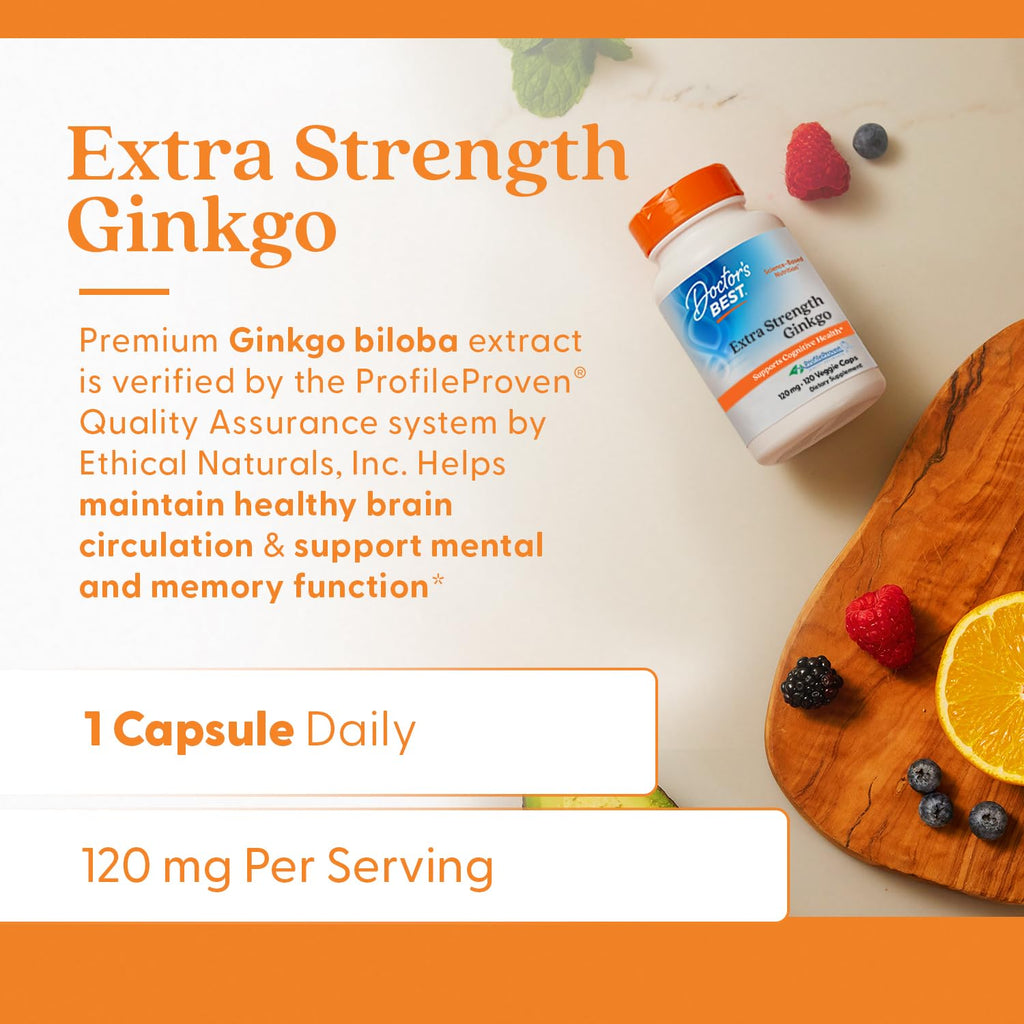 Doctor's Best Extra Strength Ginkgo Biloba Capsules 120 mg - Brain Supplement for Memory and Focus Support, Herbal Cognitive Health Support- 120 Count (Pack of 1)