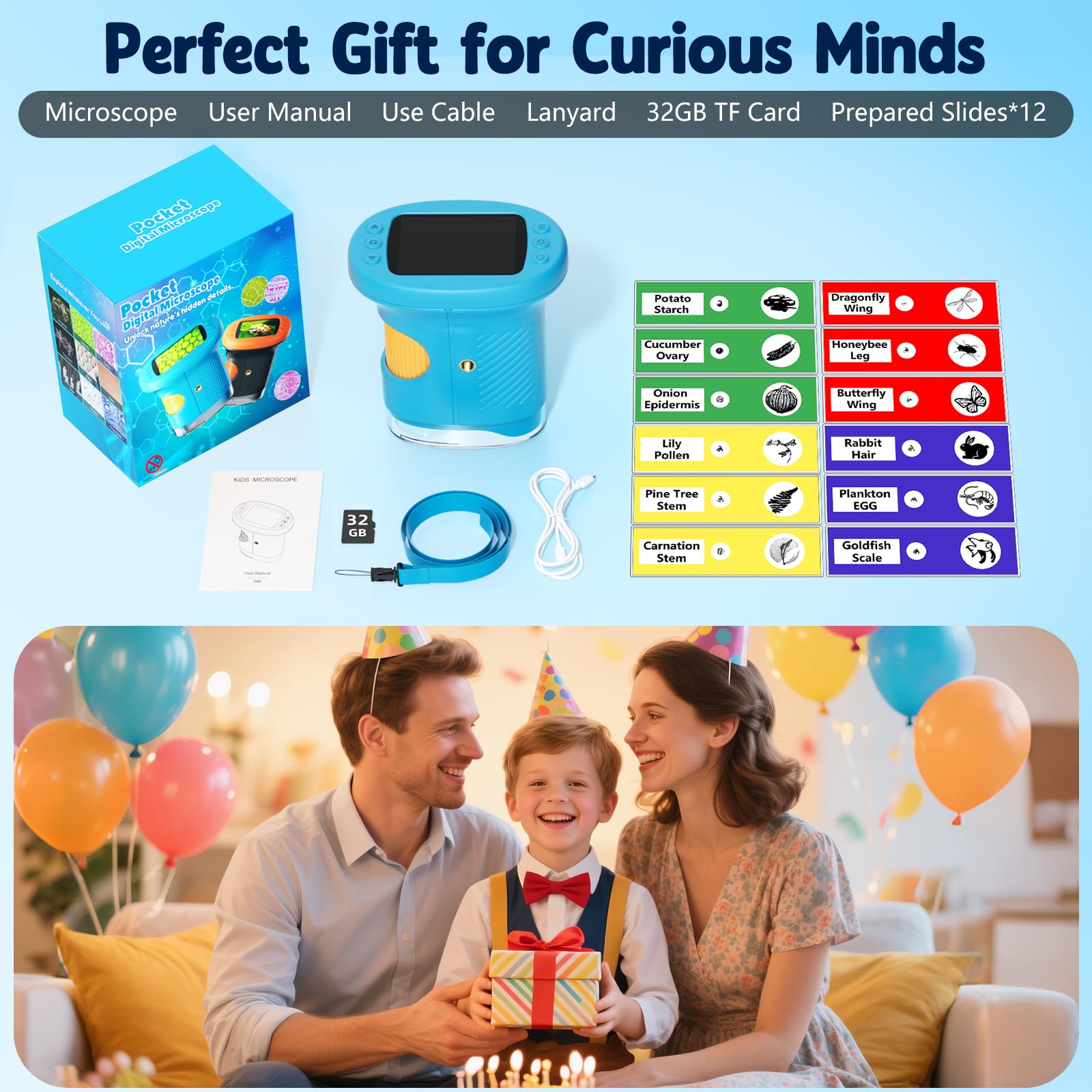 Odatay 4K 1000X Digital Microscope for Kids with 32G Card, Long Distance Viewing & 2.4" Screen Portable Handheld Edu Toys for Age 3-12 Exploring Bugs Plants at Home Classroom & Outdoor Travel, Blue