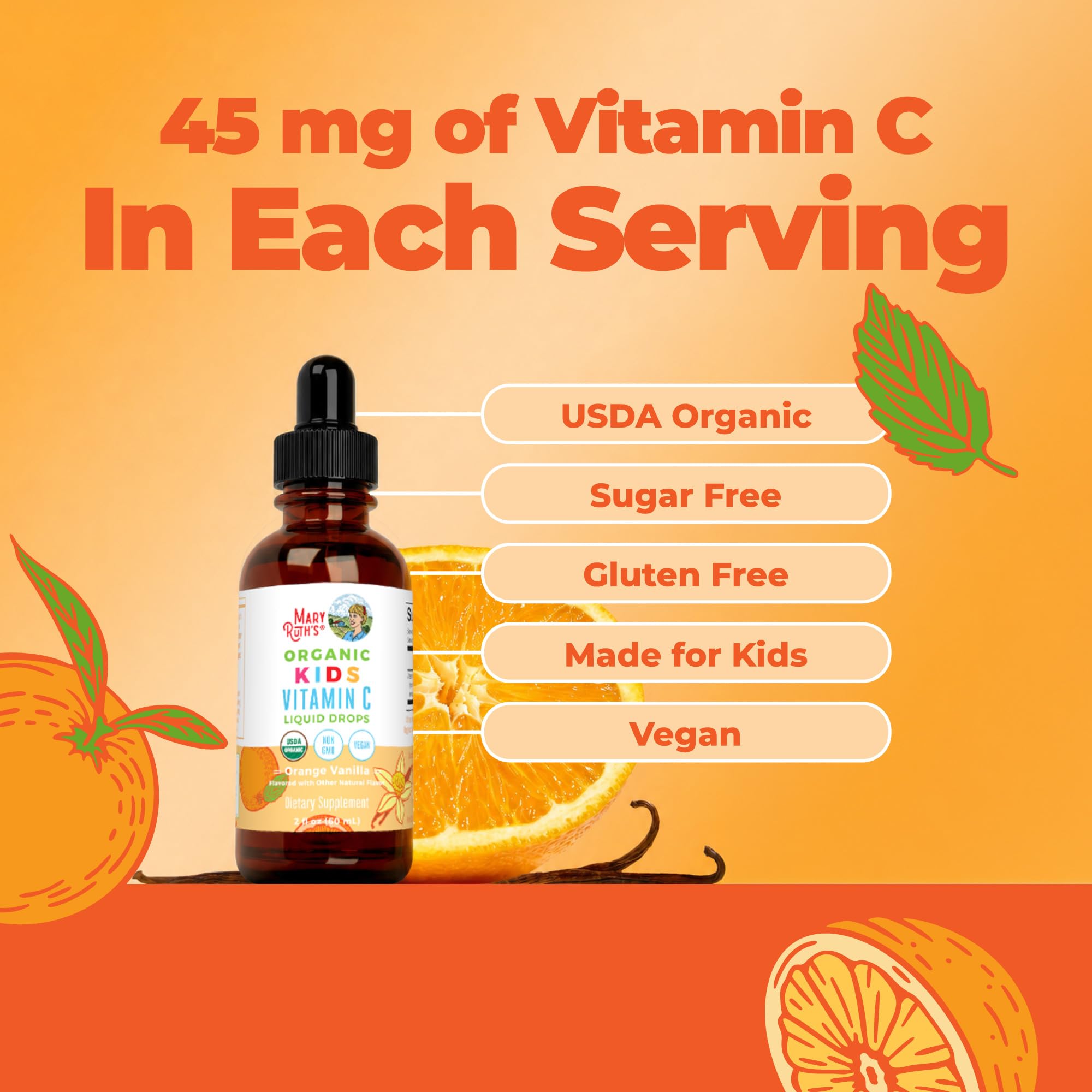MARYRUTH'S USDA Organic Kids Vitamin C Liquid Drops, Orange Vanilla, 2 oz