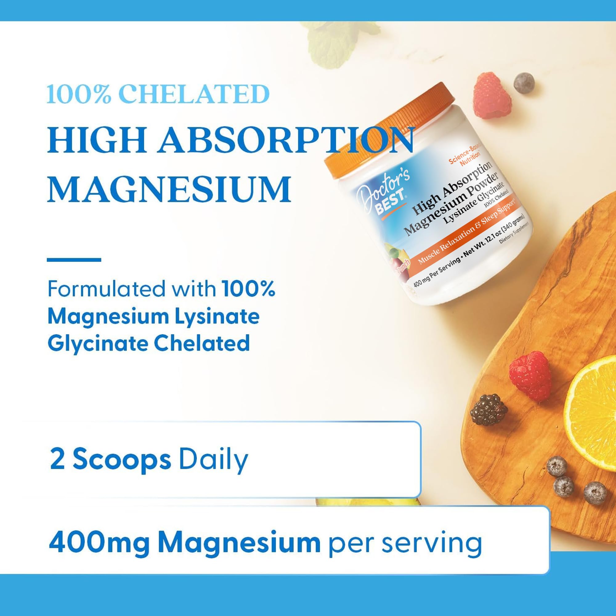 Doctor's Best Magnesium Glycinate Powder for Calm & Sleep Support - Magnesium Supplement for Men & Women, 400 mg Per Serving, 100% Chelated, High Absorption, Fruit Punch Flavor, Gluten Free - 12.1 oz