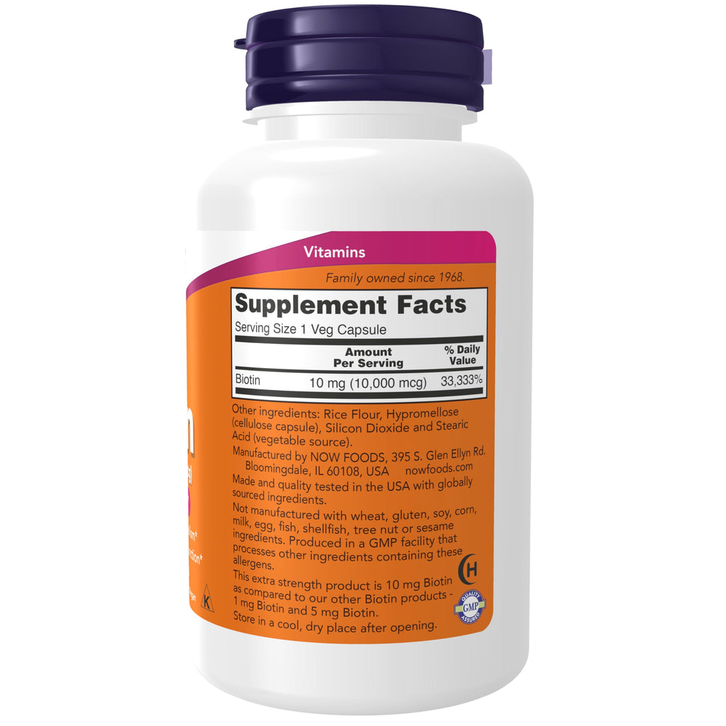 NOW Foods Supplements, Biotin 10 mg (10,000 mcg), Extra Strength, Energy Production*, 120 Veg Capsules