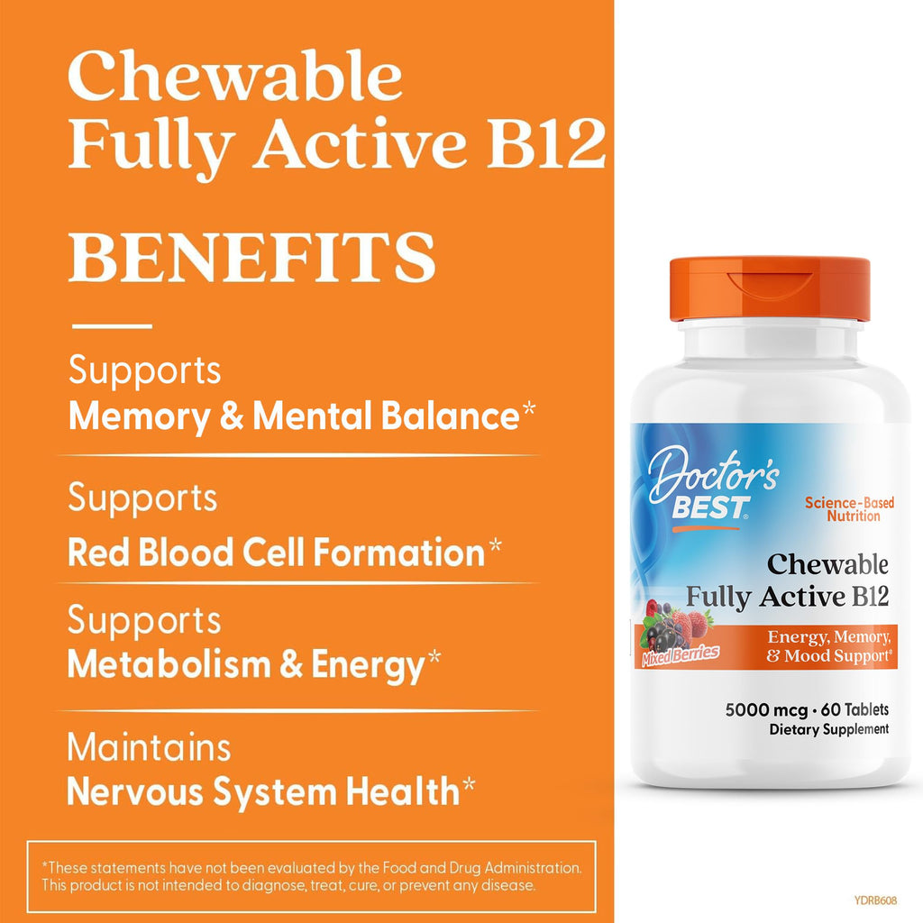 Doctor's Best Chewable Vitamin B12 Methylcobalamin for Men & Women - Vitamin B 12 5000 mcg, VIT B-12 Supplement, Vegan, Gluten Free, Non GMO, Fully Active, Mixed Berries Flavor - 60 Tablets