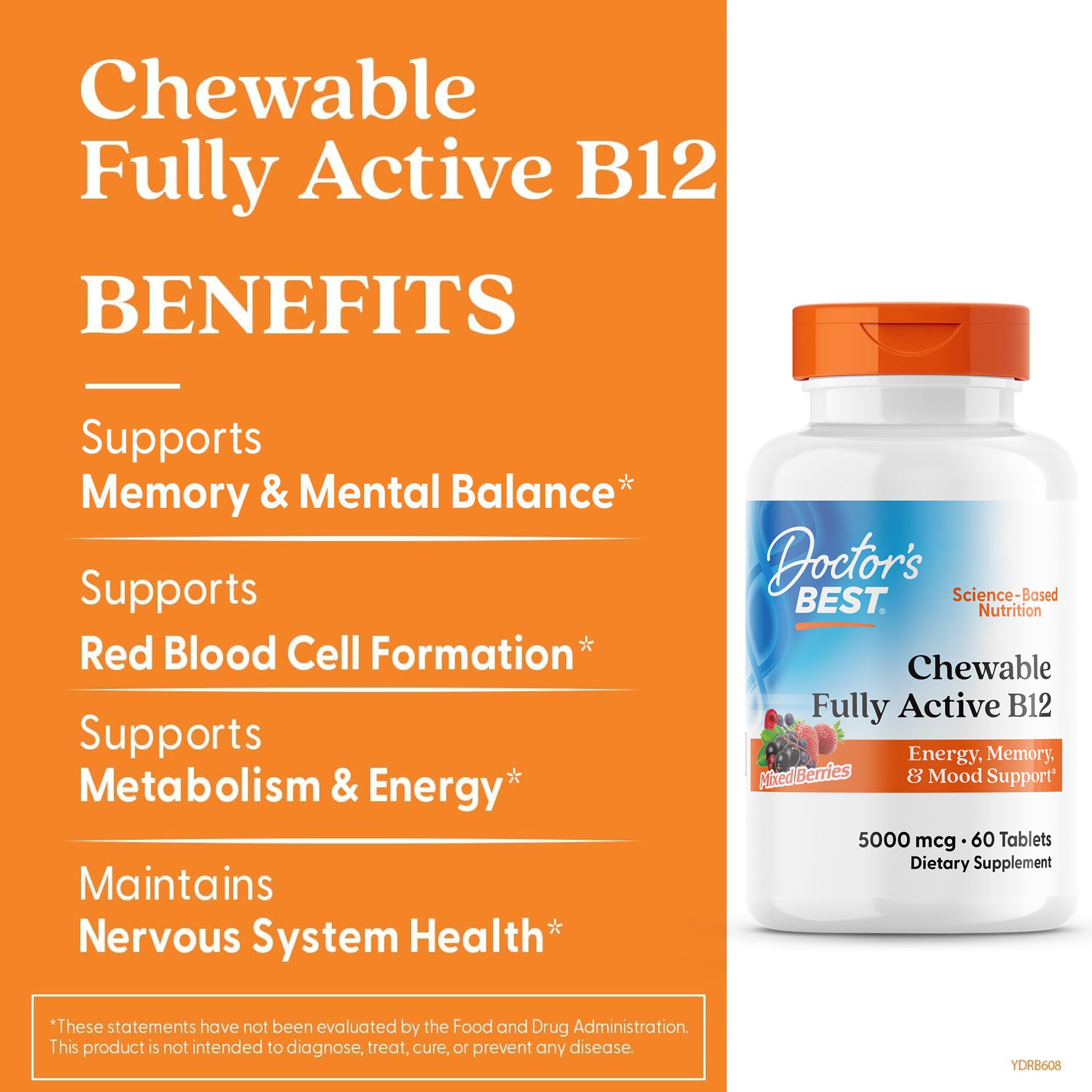 Doctor's Best Chewable Vitamin B12 Methylcobalamin for Men & Women - Vitamin B 12 5000 mcg, VIT B-12 Supplement, Vegan, Gluten Free, Non GMO, Fully Active, Mixed Berries Flavor - 60 Tablets