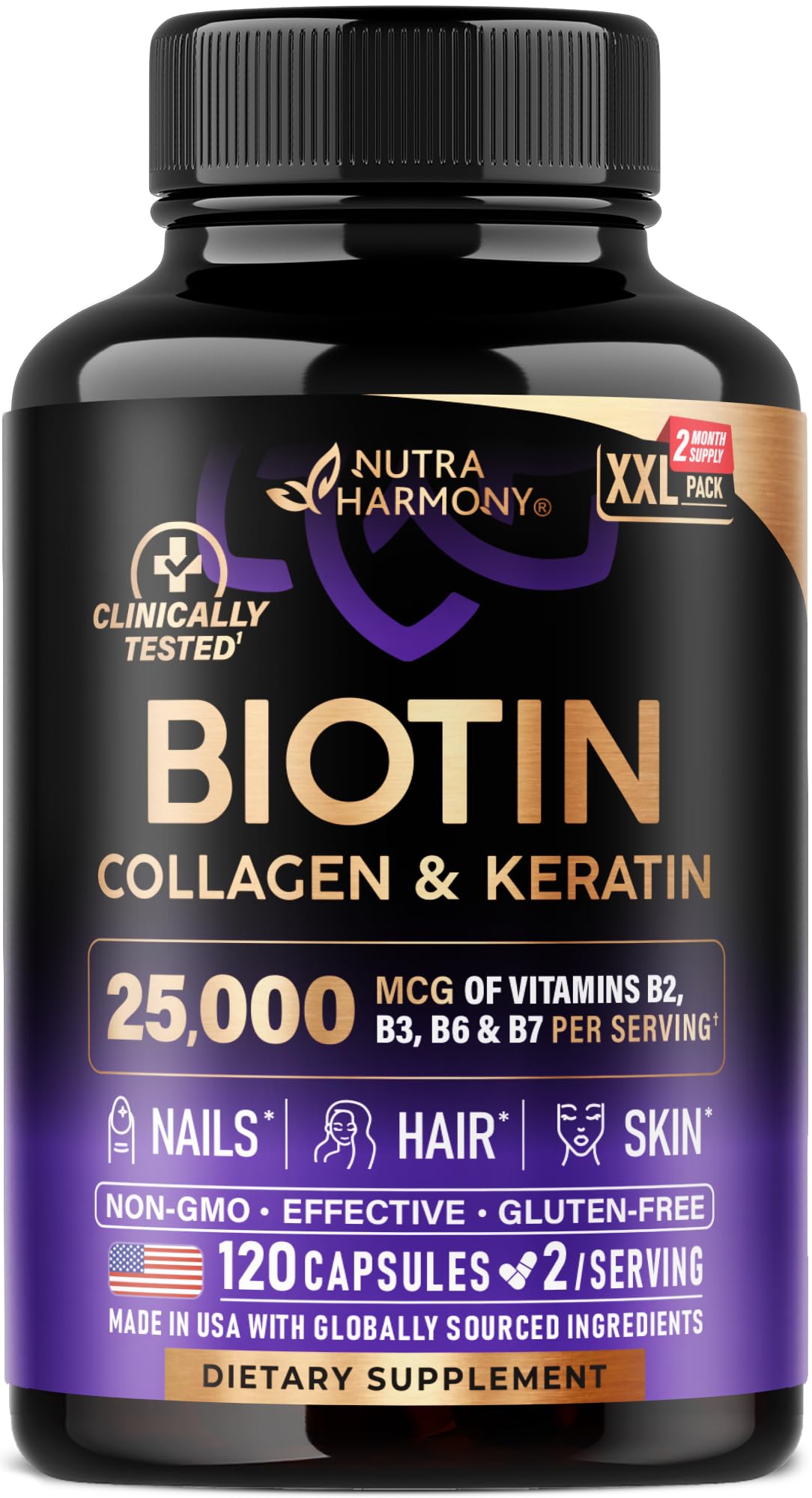Biotin | Collagen | Hyaluronic Acid | Keratin - Support Normal Hair Growth Cycle, Skin & Nails - Clinically Tested - 25000mcg Vitamins B1, B2, B3, B6 & B7 - for Women & Men - 120 Capsules