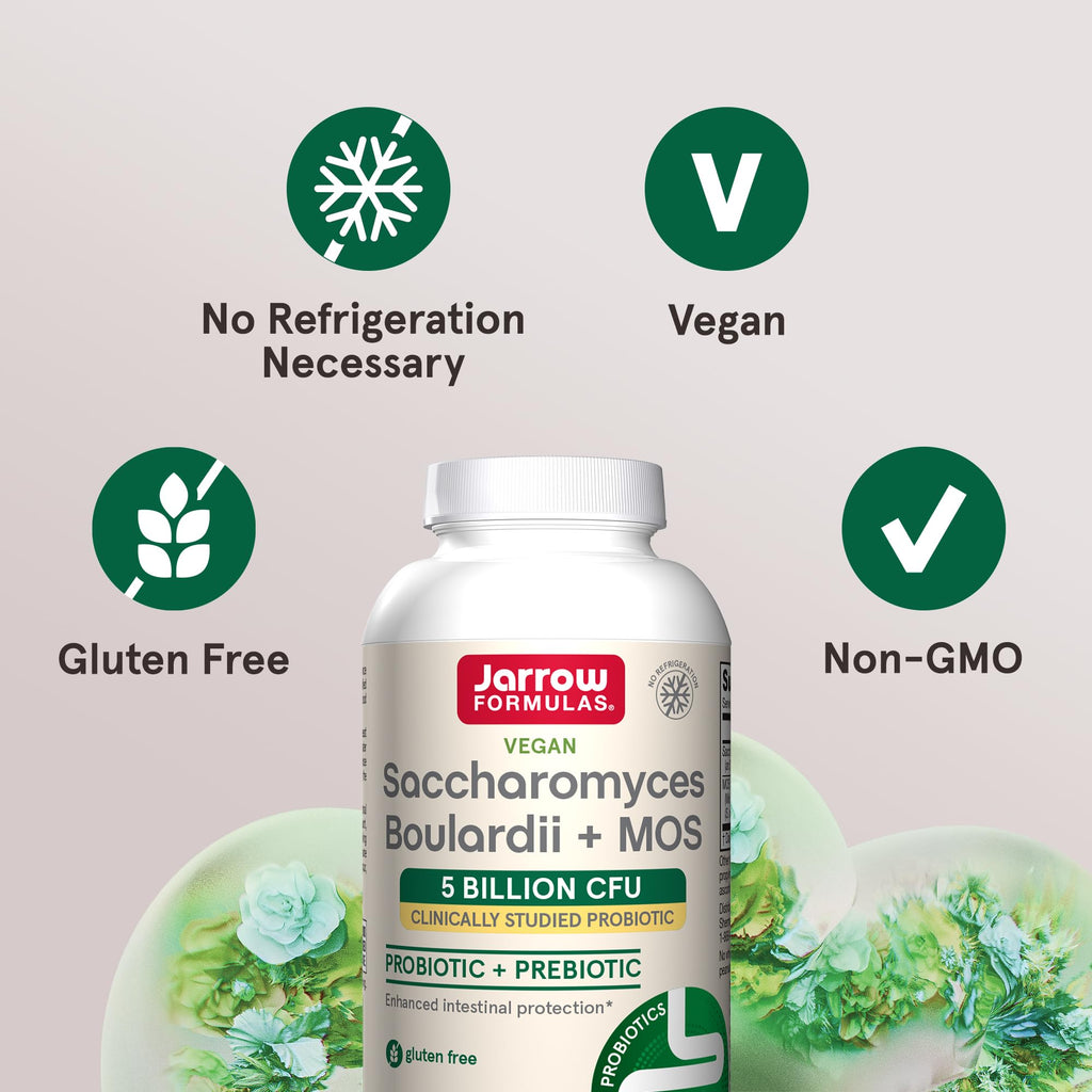 Jarrow Formulas Saccharomyces Boulardii + MOS Probiotics for Digestive Health and Intestinal Tract Support - 5 Billion CFU Per Serving - 90 Delayed Release Caps - Probiotic + Prebiotic - 90 Servings