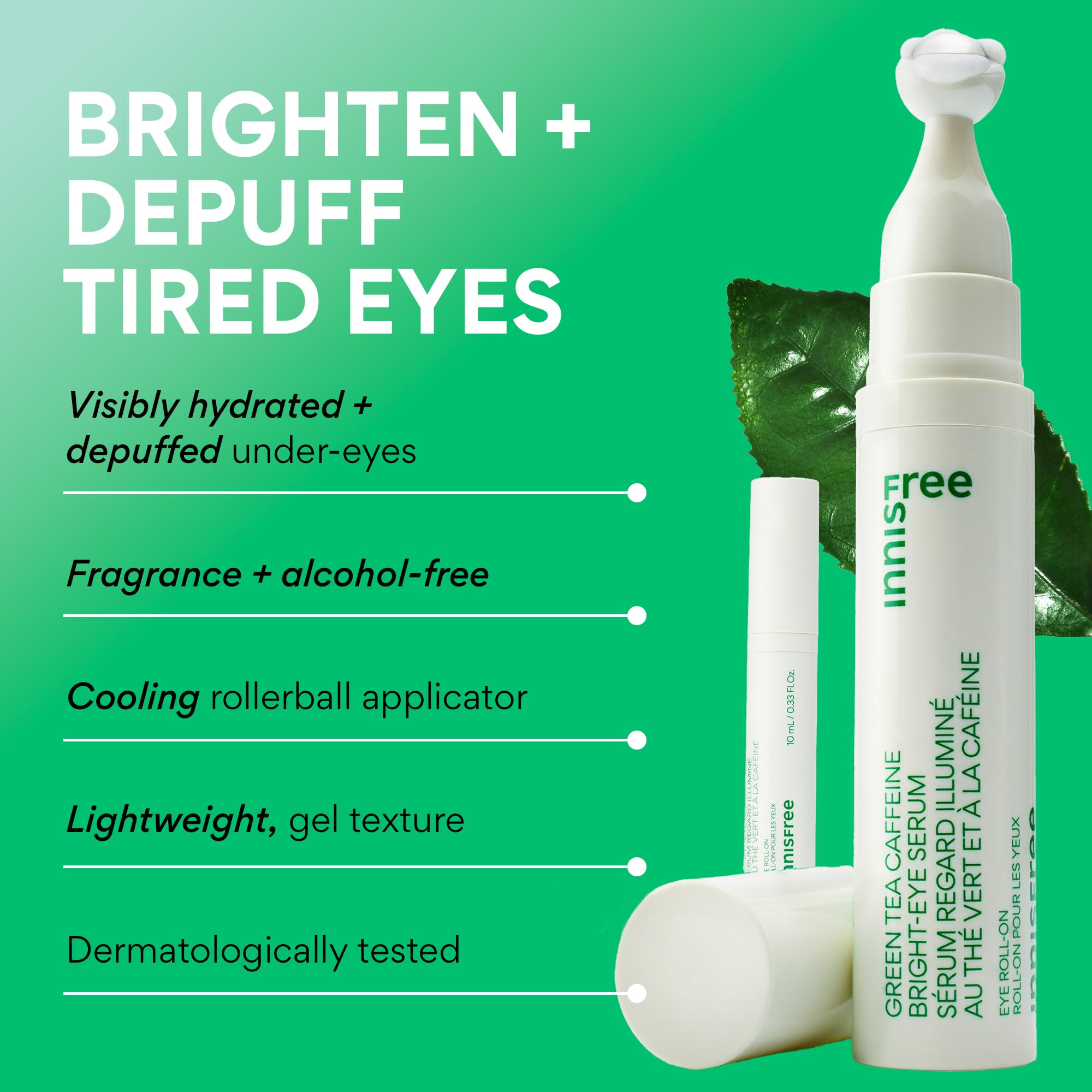 innisfree Green Tea Caffeine Depuffing Eye Serum Roll-On with Niacinamide & Hyaluronic Acid, Cooling Korean Under Eye Roller for Puffiness, Dark Circles, Brightening & Hydration