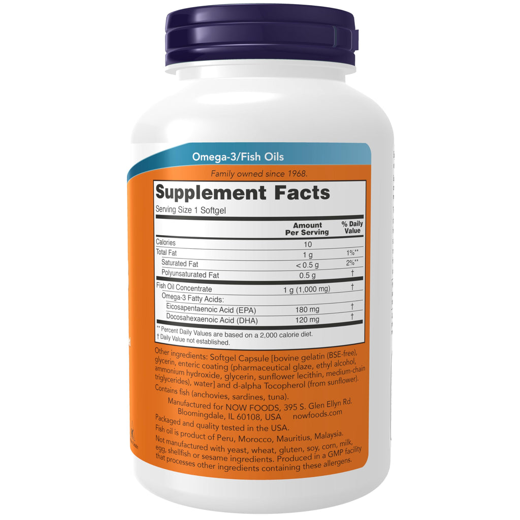 NOW Supplements, Omega-3 180 EPA / 120 DHA, Enteric Coated, 180 Softgels