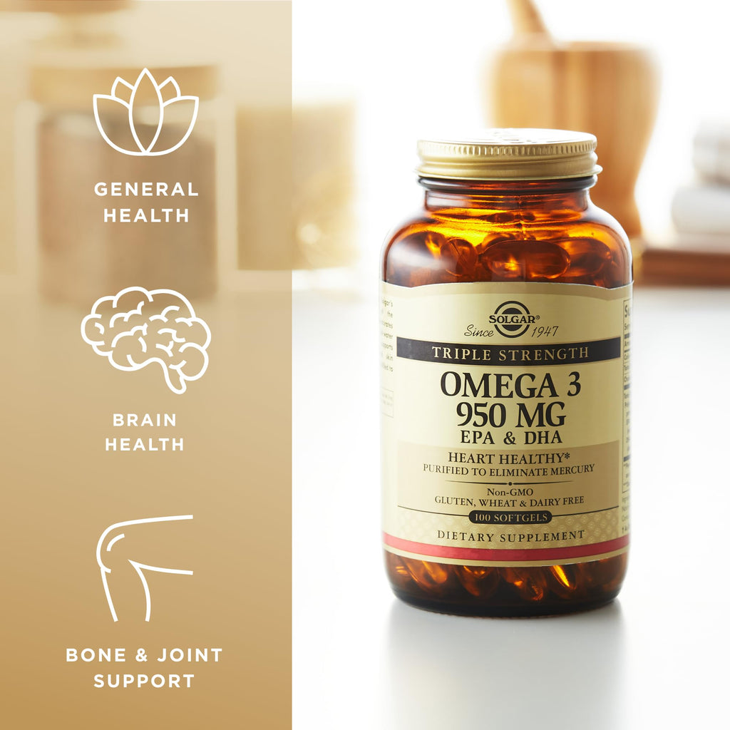 Solgar Triple Strength Omega 3 950 mg - 100 Softgels, Pack of 2 - Supports Joint & Skin Health - Non-GMO, Gluten Free, Dairy Free - 200 Total Servings