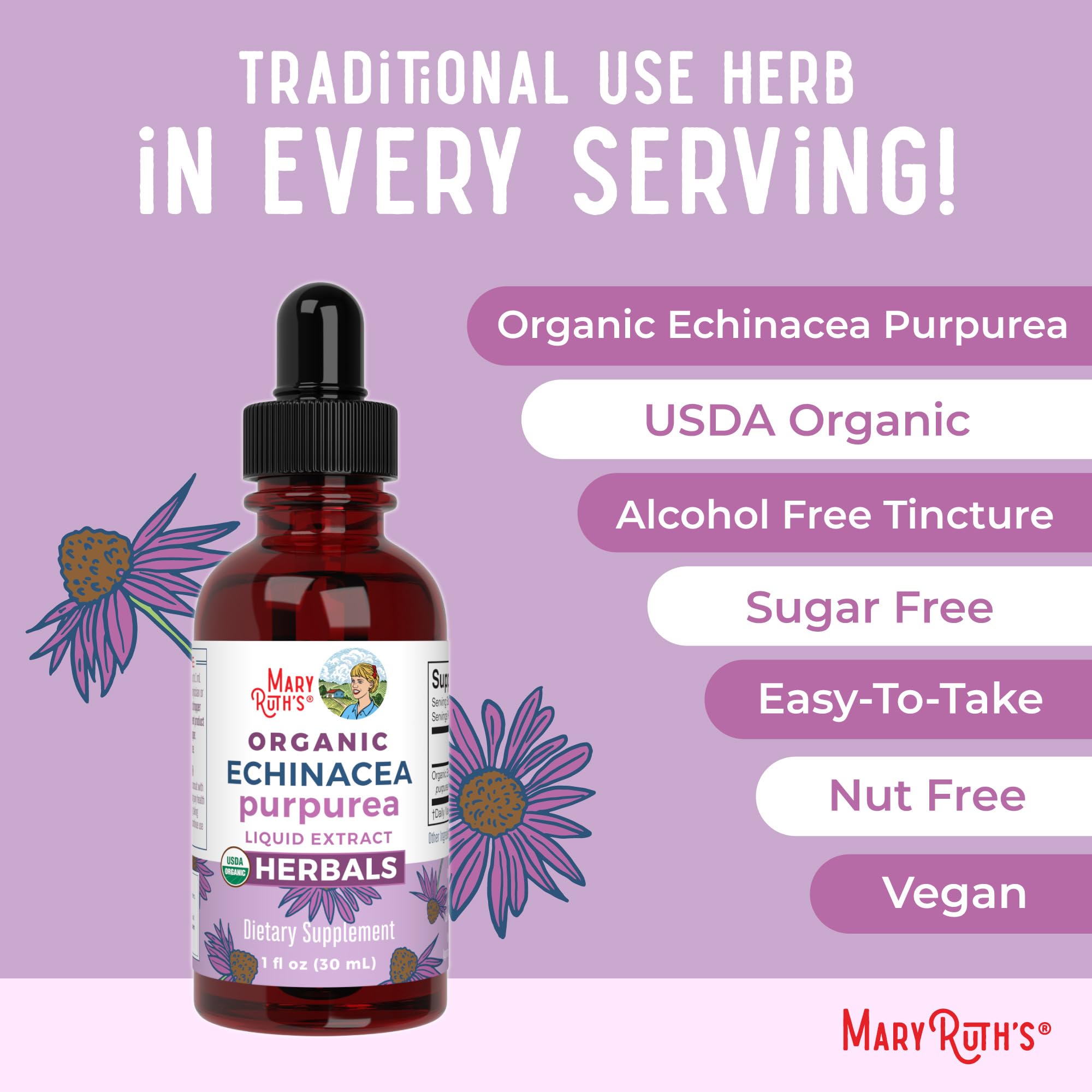 MARYRUTH'S Organic Echinacea Purpurea Liquid, Sugar Free, Non-GMO, 1 Fl Oz