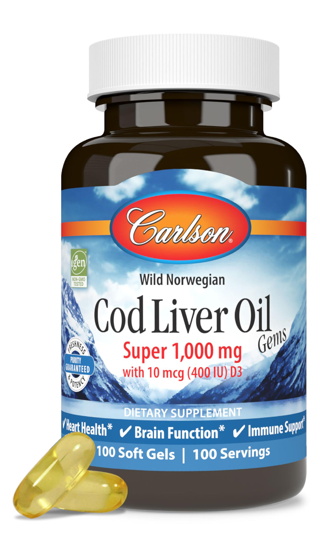Carlson Cod Liver Oil Gems, Super 1000 mg, 250 mg Omega-3s, 100 Softgels
