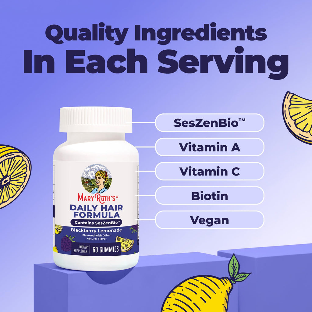 MaryRuth's Daily Hair Formula Gummies | with 500 mg SesZenBio + 2,500 mcg Biotin | Thicker, Denser Hair for Women | Vitamins A & C | Hair, Skin, & Nail Health | Collagen Production | 60 ct