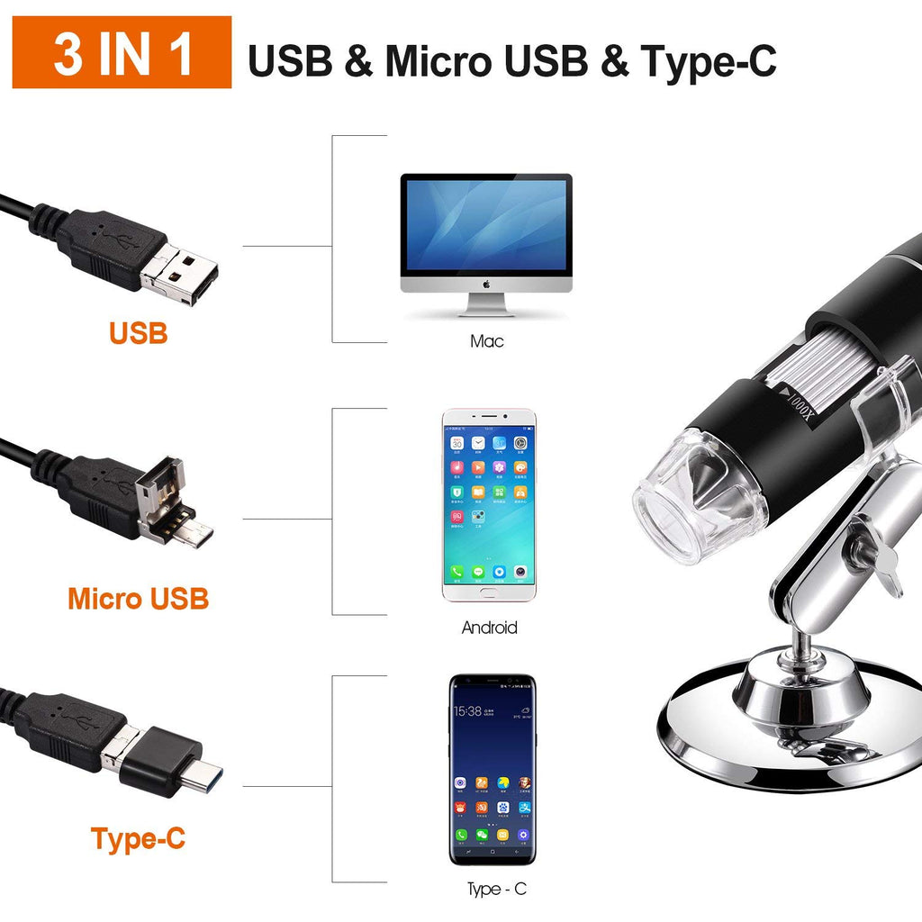 USB Digital Microscope 40X to 1000X, 8 LED Magnification Endoscope Camera with Carrying Case & Metal Stand, Compatible for Android Windows 7 8 10 11 Linux Mac (Not for iPhone/iPad)