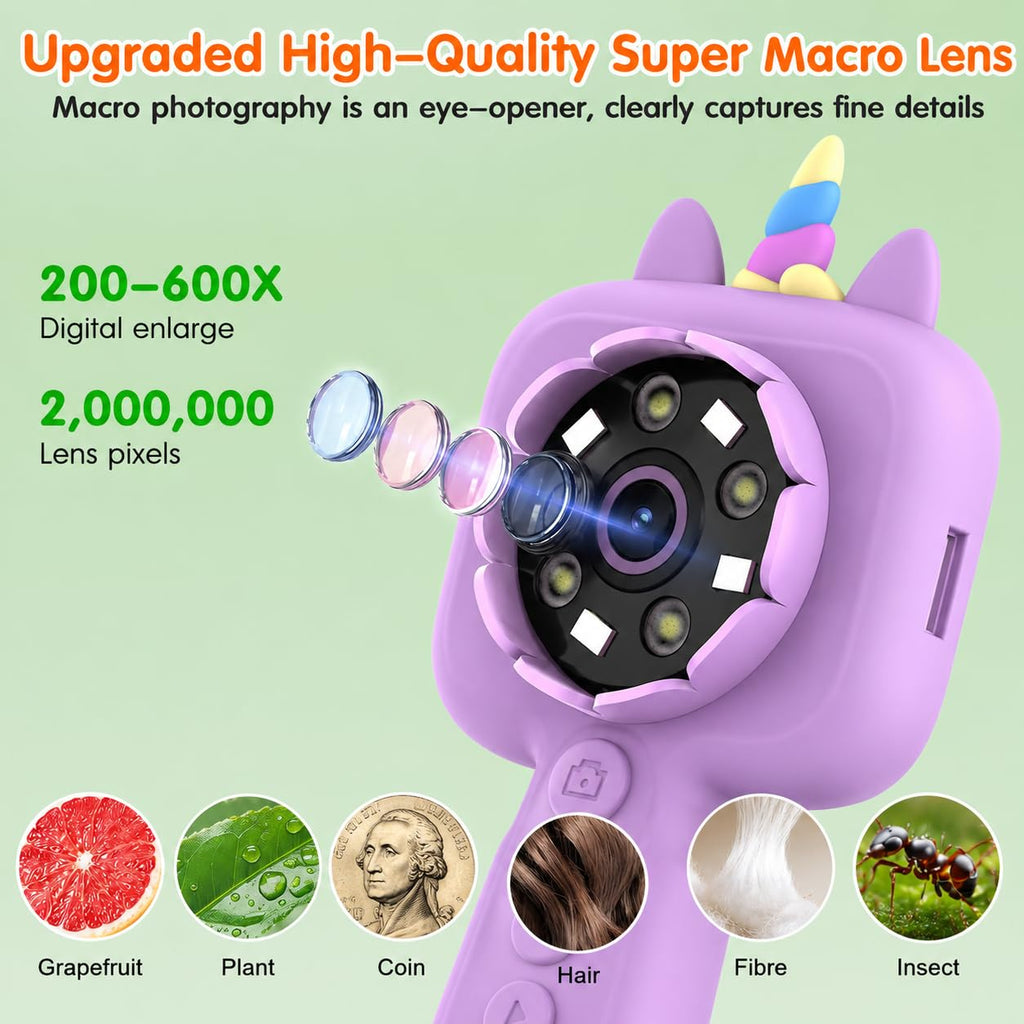 Kids Microscope, 2.4" Screen Handheld Digital Microscope 600X with 4K Camera & 8 LED Lights, Portable Pocket Microscope for Bugs Plants Nature Exploration, STEM Science Toy Gift Ages 3-12（Purple）