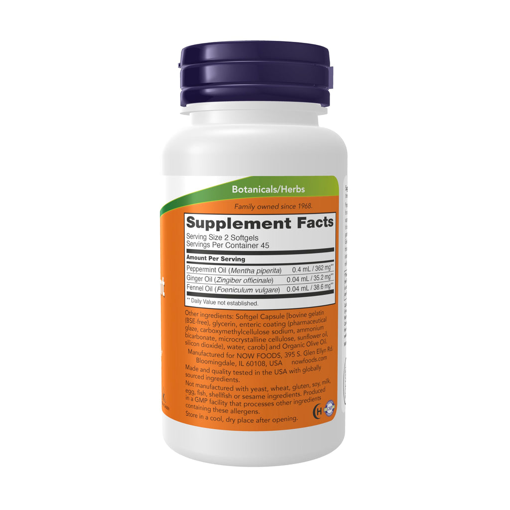 NOW Foods Supplements, Peppermint Gels with Ginger & Fennel Oils, Enteric Coated, 90 Softgels
