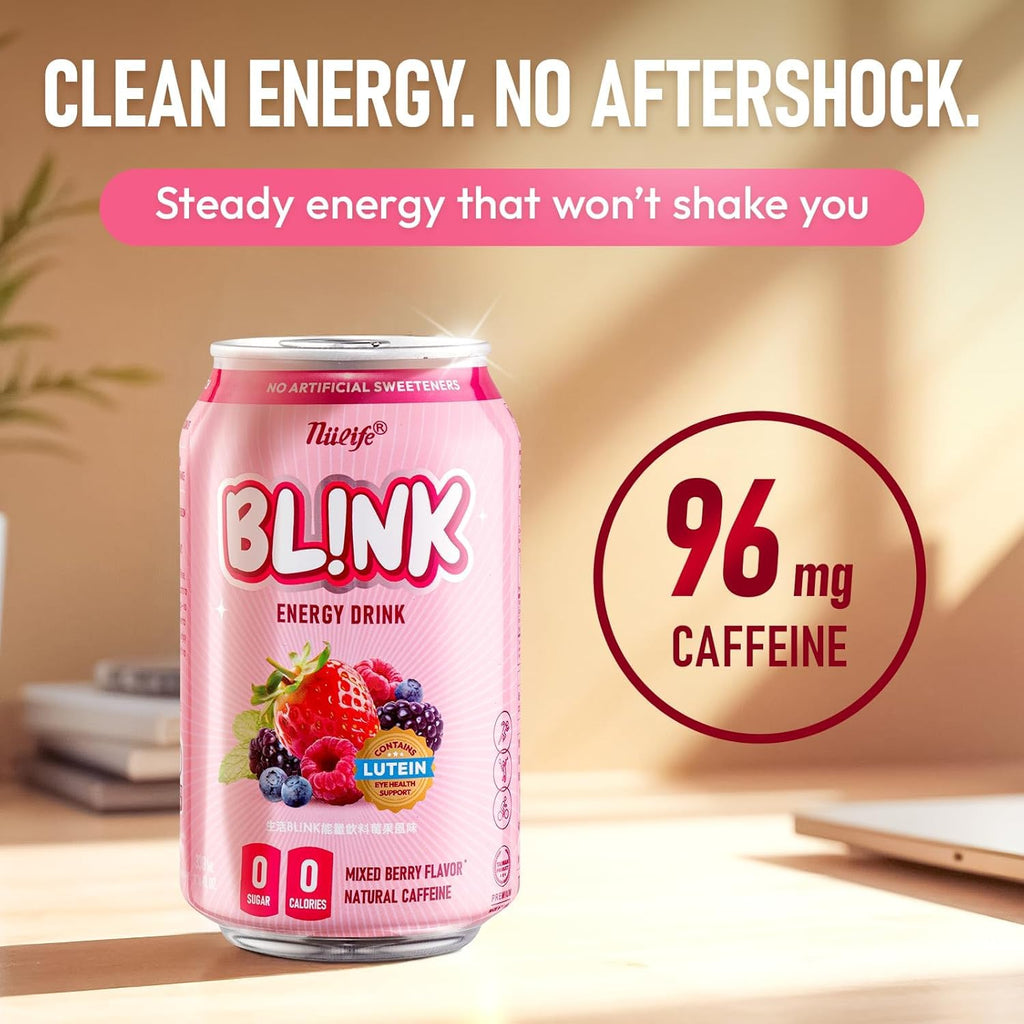 NÜLIFE Sugar Free Energy Drink Mixed Berry, Pack of 12, 96mg Natural Caffeine, Lutein for Eye Support Drinks, Vitamin Enriched, BL!NK Healthy Clean Energy, No Artificial Sweetener, 11.16 Fl Oz