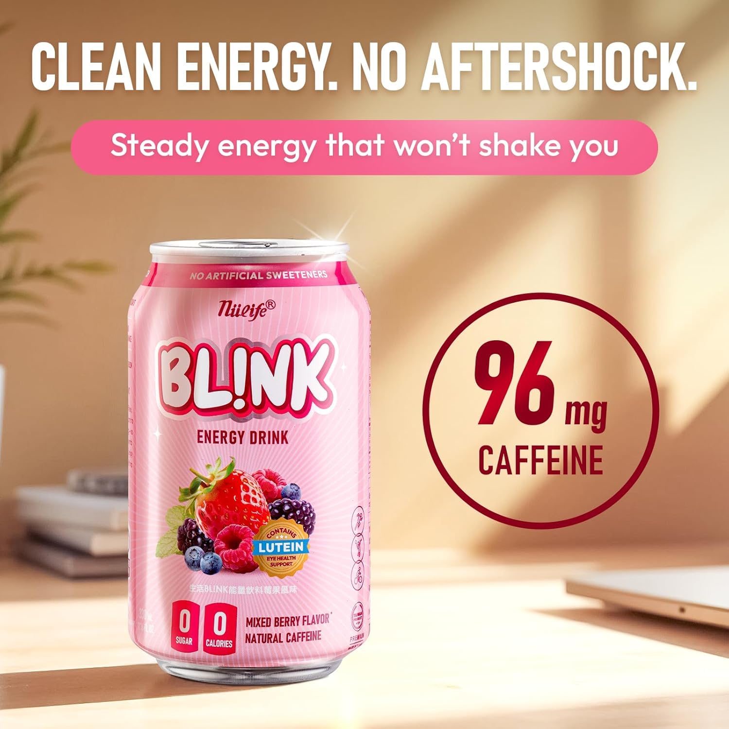 NÜLIFE Sugar Free Energy Drink Mixed Berry, Pack of 12, 96mg Natural Caffeine, Lutein for Eye Support Drinks, Vitamin Enriched, BL!NK Healthy Clean Energy, No Artificial Sweetener, 11.16 Fl Oz