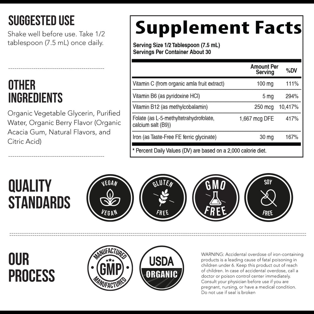 Liquid Iron Supplement | Organic Certified, Berry Flavor - Whole Food Vitamin C Absorption Boost & Blood Building B Vitamins - Methyl B12, L-Methylfolate & B6 - Supports Healthy Iron Levels - 7.6 oz