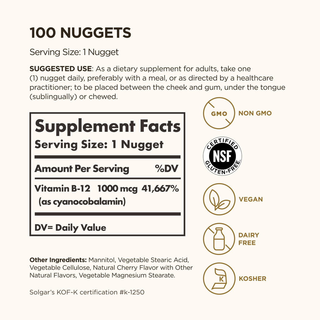 Solgar Vitamin B12 1000 mcg, 100 Nuggets - Energy Production, Red Blood Cells - Healthy Nervous System - Promotes Cardiovascular Health - Vitamin B - Non-GMO, Gluten Free, Kosher - 100 Servings