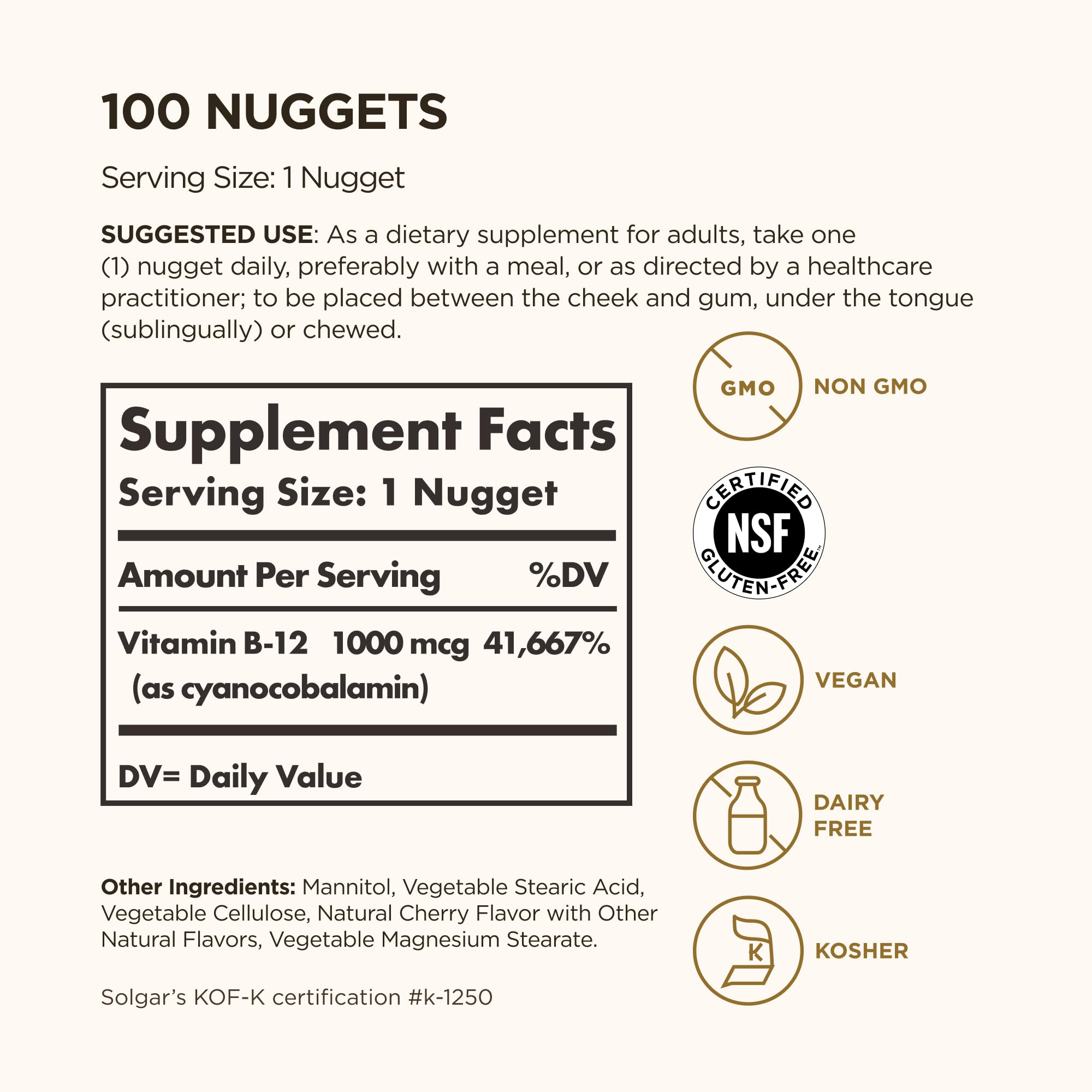 Solgar Vitamin B12 1000 mcg, 100 Nuggets - Energy Production, Red Blood Cells - Healthy Nervous System - Promotes Cardiovascular Health - Vitamin B - Non-GMO, Gluten Free, Kosher - 100 Servings