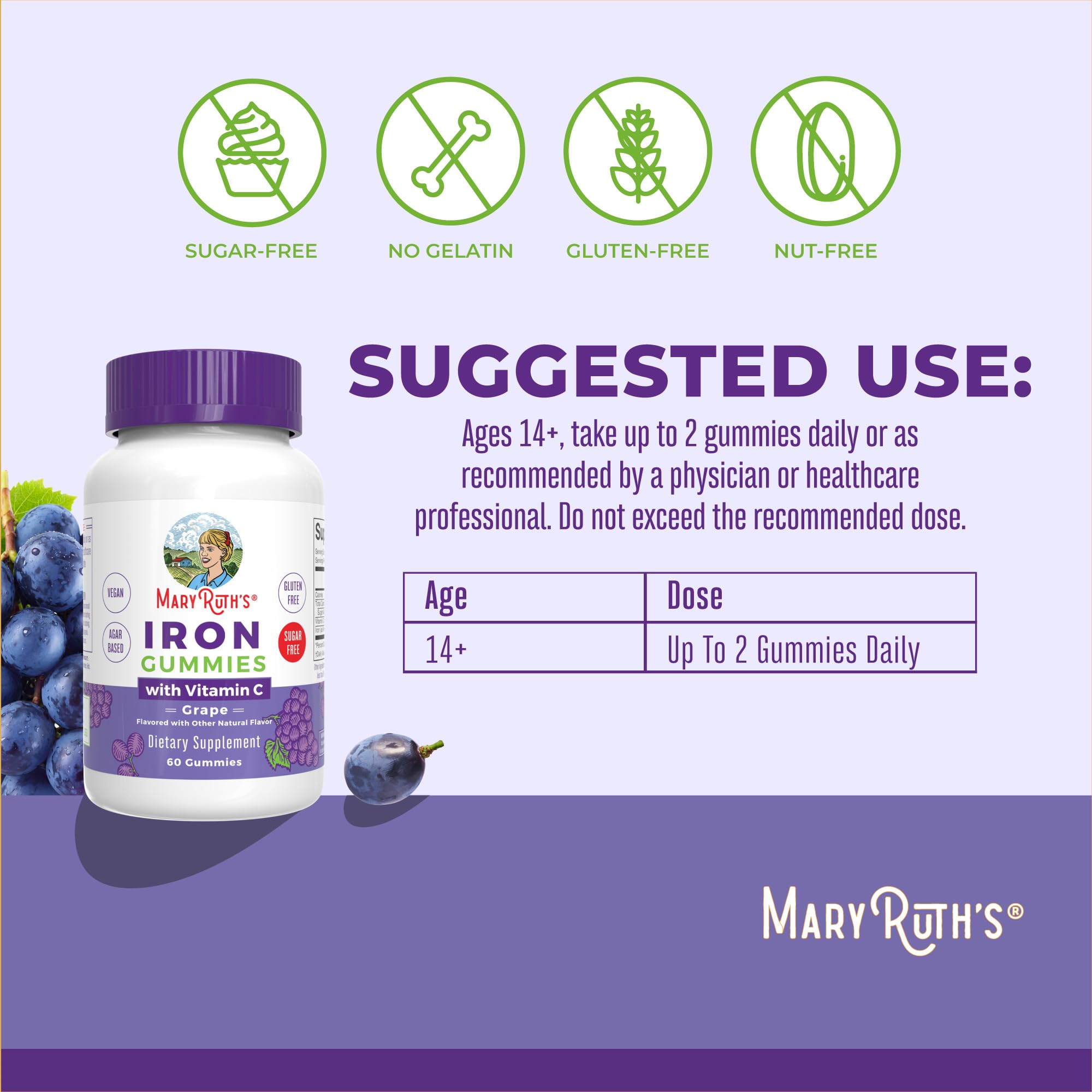 MaryRuth's Iron Gummies for 14+ with Vitamin C for Absorption | Sugar Free | Gummy Iron Supplement + VIT C | Energy Metabolism | Cellular Health | Immune Support | Vegan | Non-GMO | 60 Count
