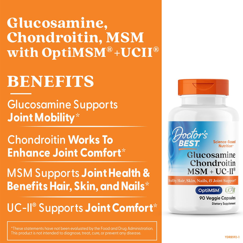 Doctor's Best Glucosamine Chondroitin MSM + UC-II - Joint Health Support Supplement for Women & Men, Nutritional Support for Joint Strength, Hair, Skin, & Nails, Gluten Free, Non GMO - 90 Veg Capsules